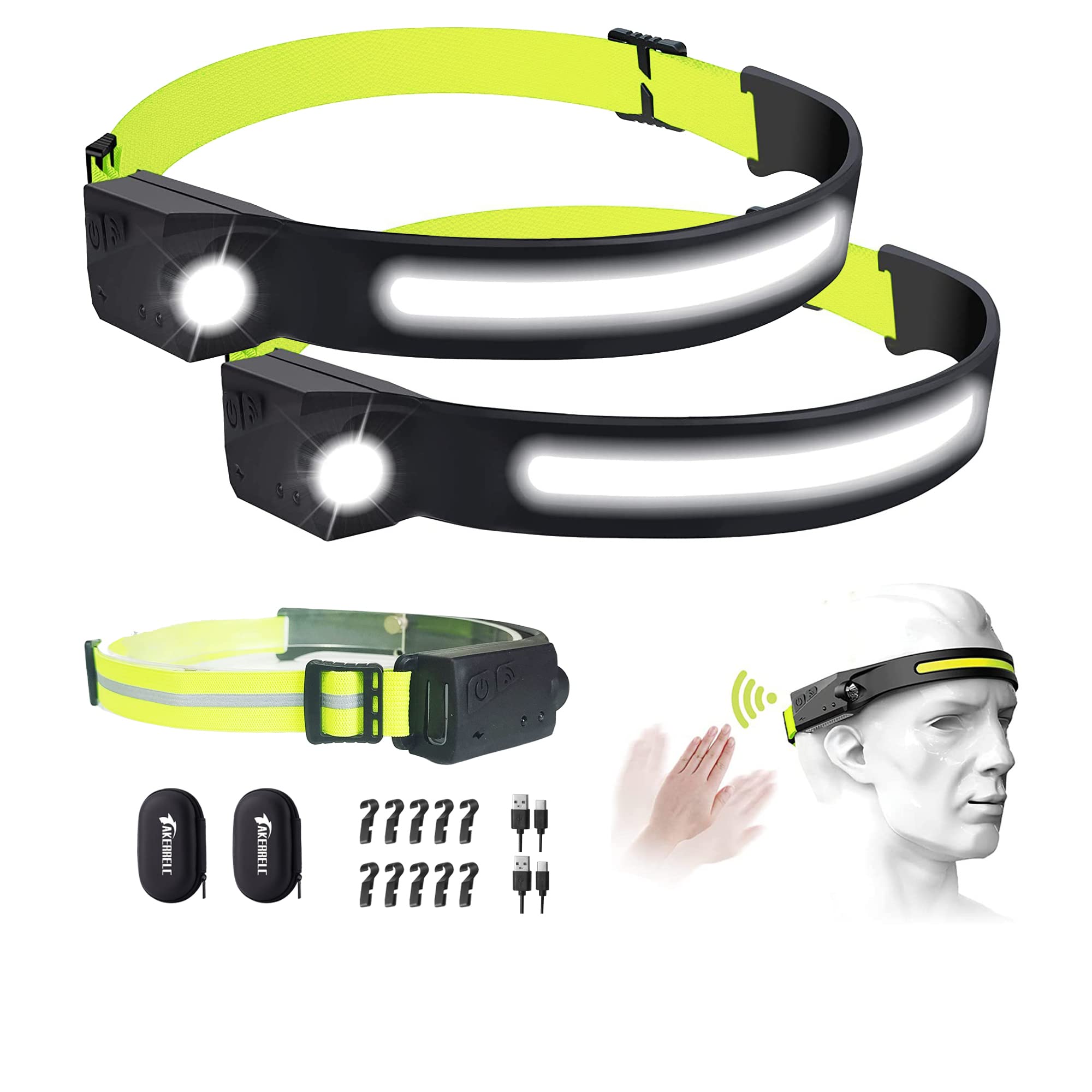 Akerrelc Headlamp, 2 Rechargeable Led Headlamps With Motion Sensor, Up To 1200 Lumens And 10 Hours Runtime, 10 Clips And 2 Cases