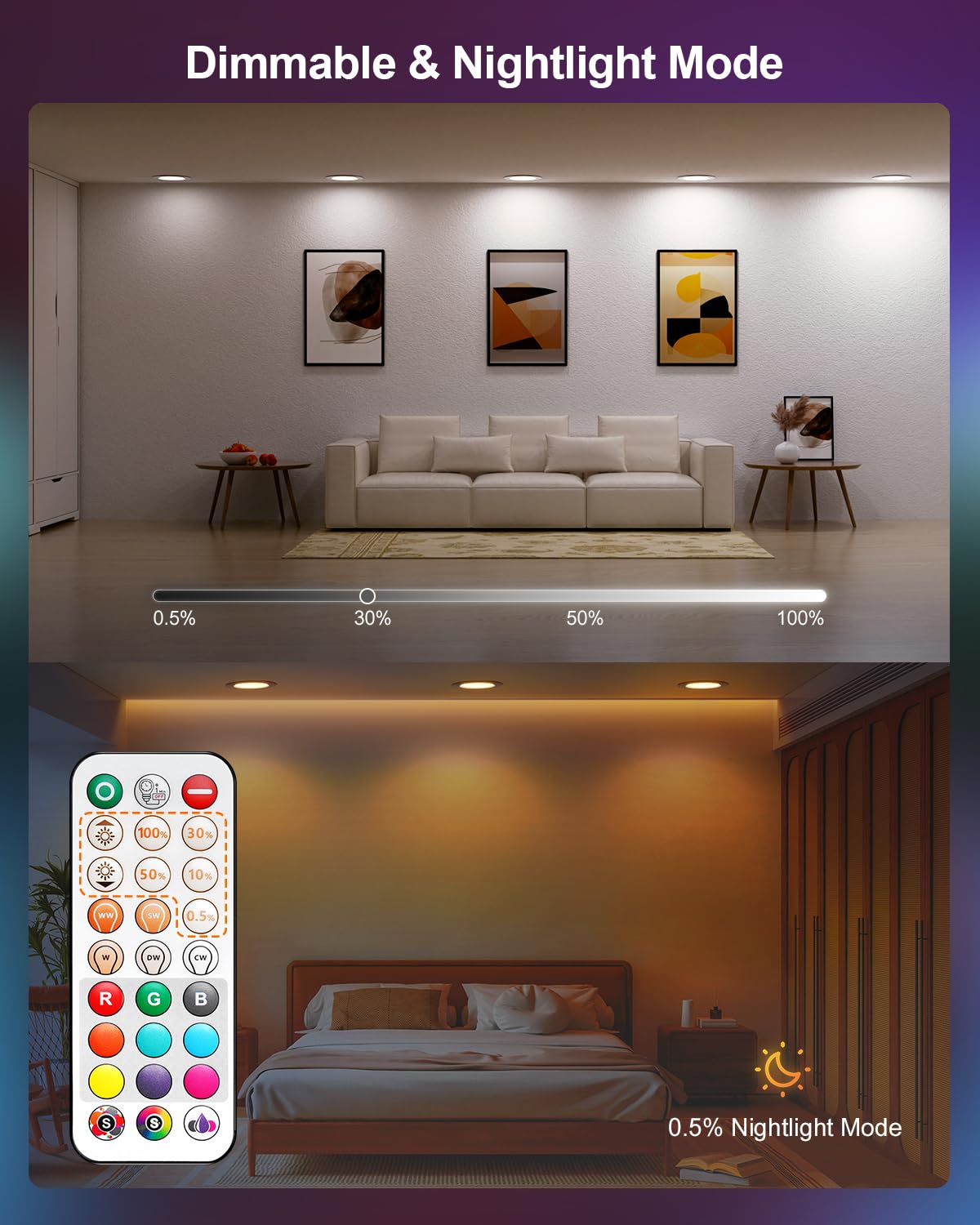 DUSKTEC Remote Control LED 6 Inch Canless Recessed Lighting RGBCW Color Changing 16W 1500 Lumen Recessed Ceiling Lights with Jun