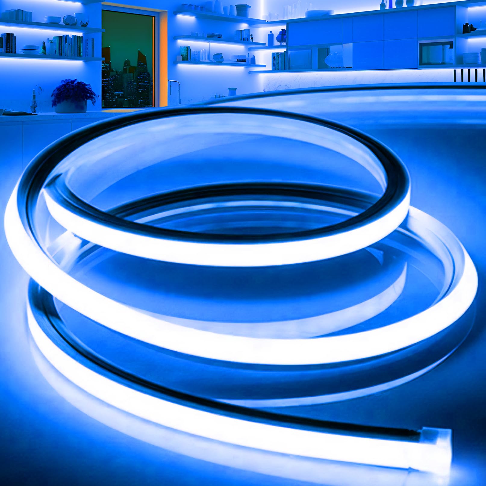 VOEWT LED Band Lights Blue 9.8ft 110-120V Neon Rope Lights Flexible Silicone Outdoor Waterproof Neon Band Lights for Bedroom Mirror Kitchen Cabinet  Living Room Halloween Decor