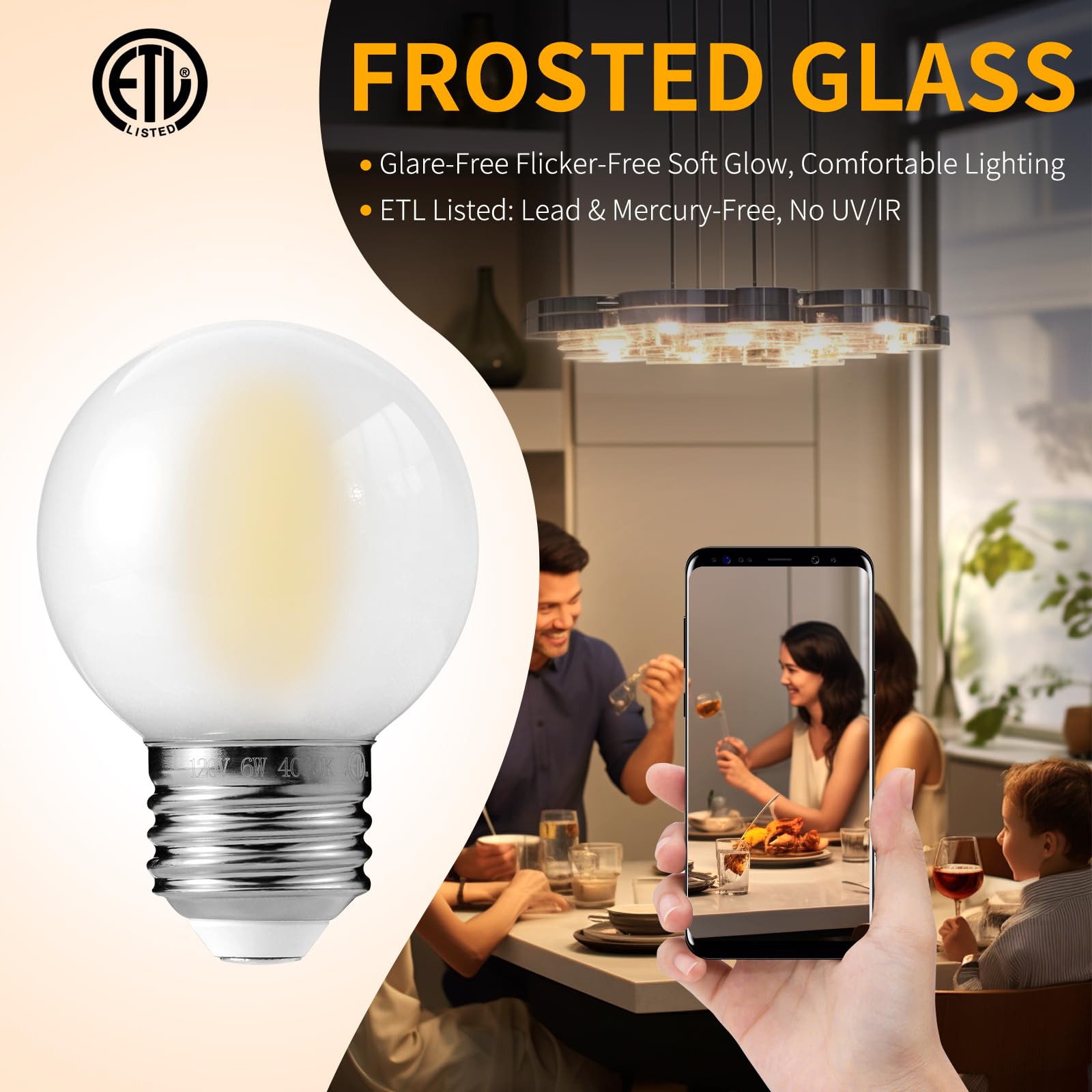 Decoaui E26 G16 LED Globe Light Bulbs, 6W (60W Equivalent), 600 Lumens, Daylight White, Dimmable, Frosted Glass, 12 Pack