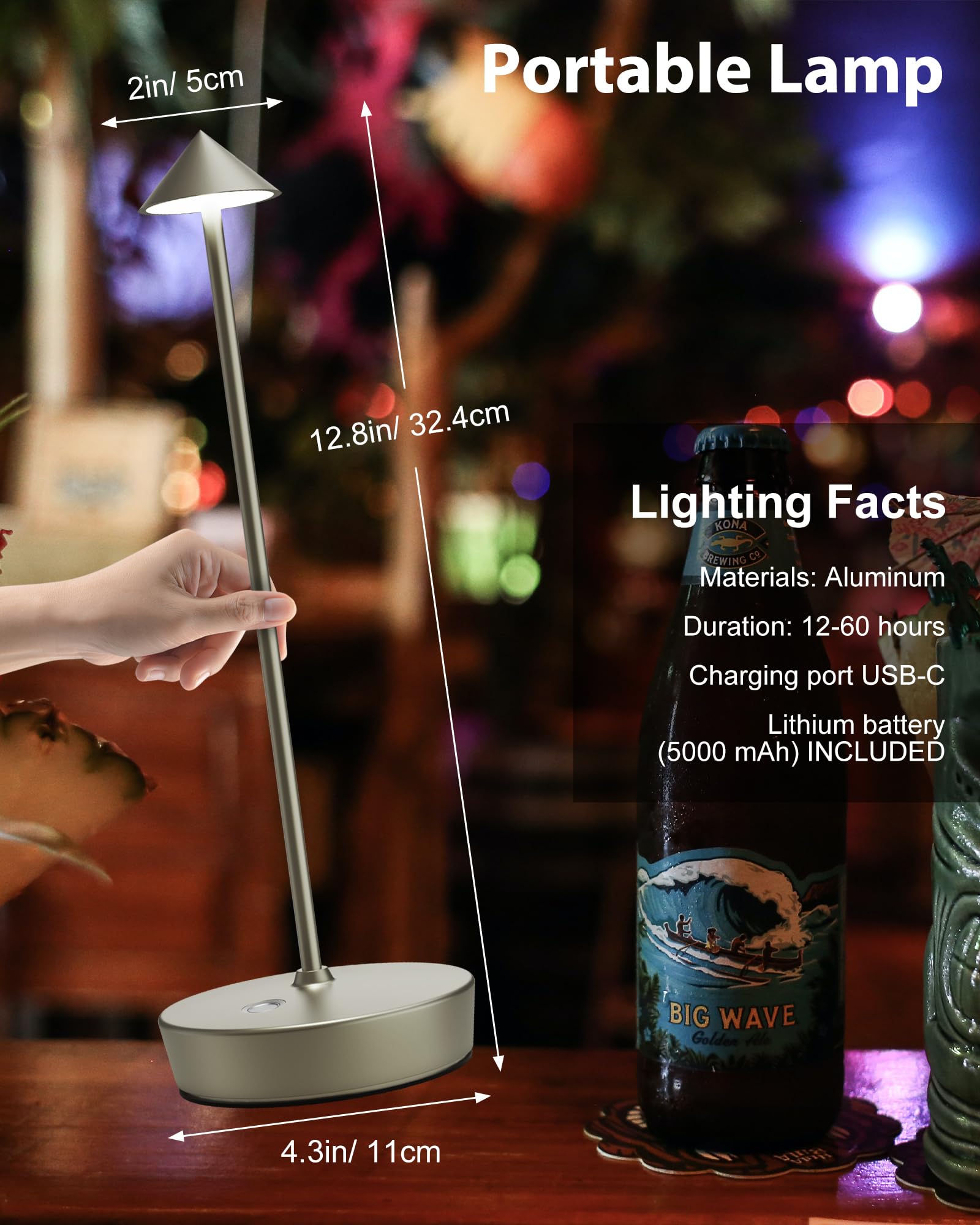 SHANGCAI Cordless Table Lamps, Rechargeable LED Desk Lamp, Waterproof, Touch Dimmable, Set of 2, Small, Silver