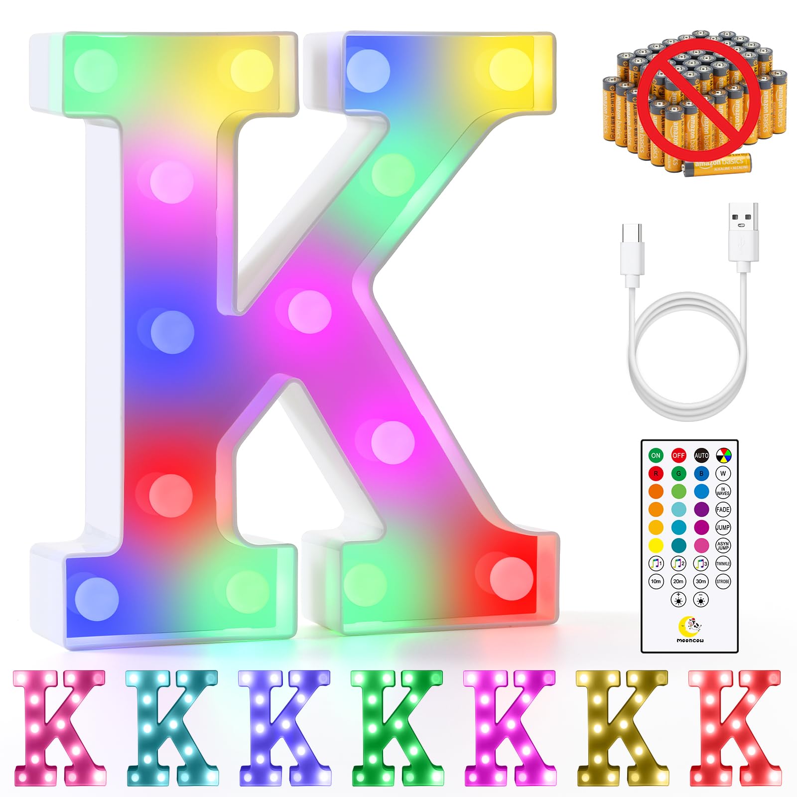 Mooncow Rechargeable Light Up Letters,Colorful Marquee Letters With Remote,Gift Wrap Gifts,Bedroom Home Bar Party Decor (K)