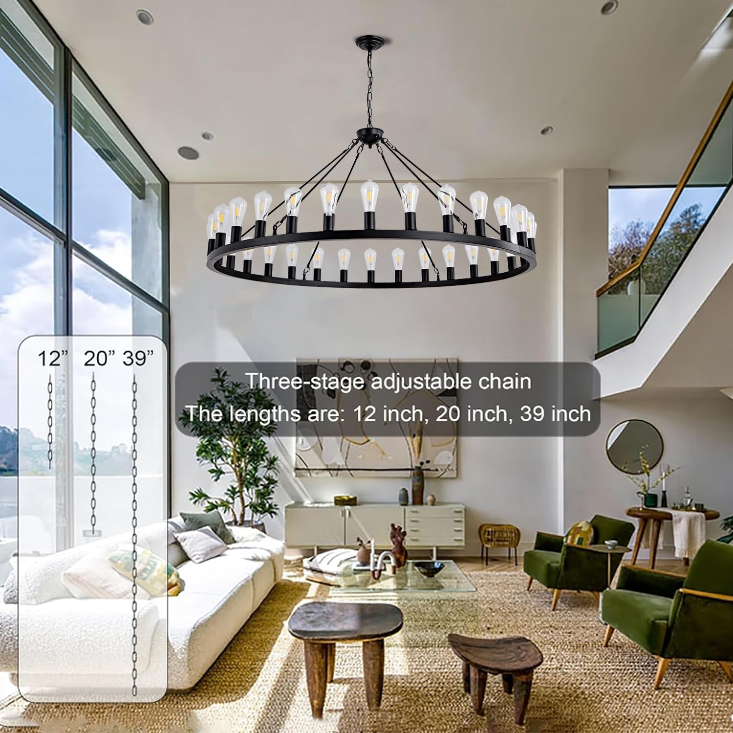 Sarudiir 53&quot; Black Wagon Wheel Chandelier - 30-Light Farmhouse Lighting For High Ceilings