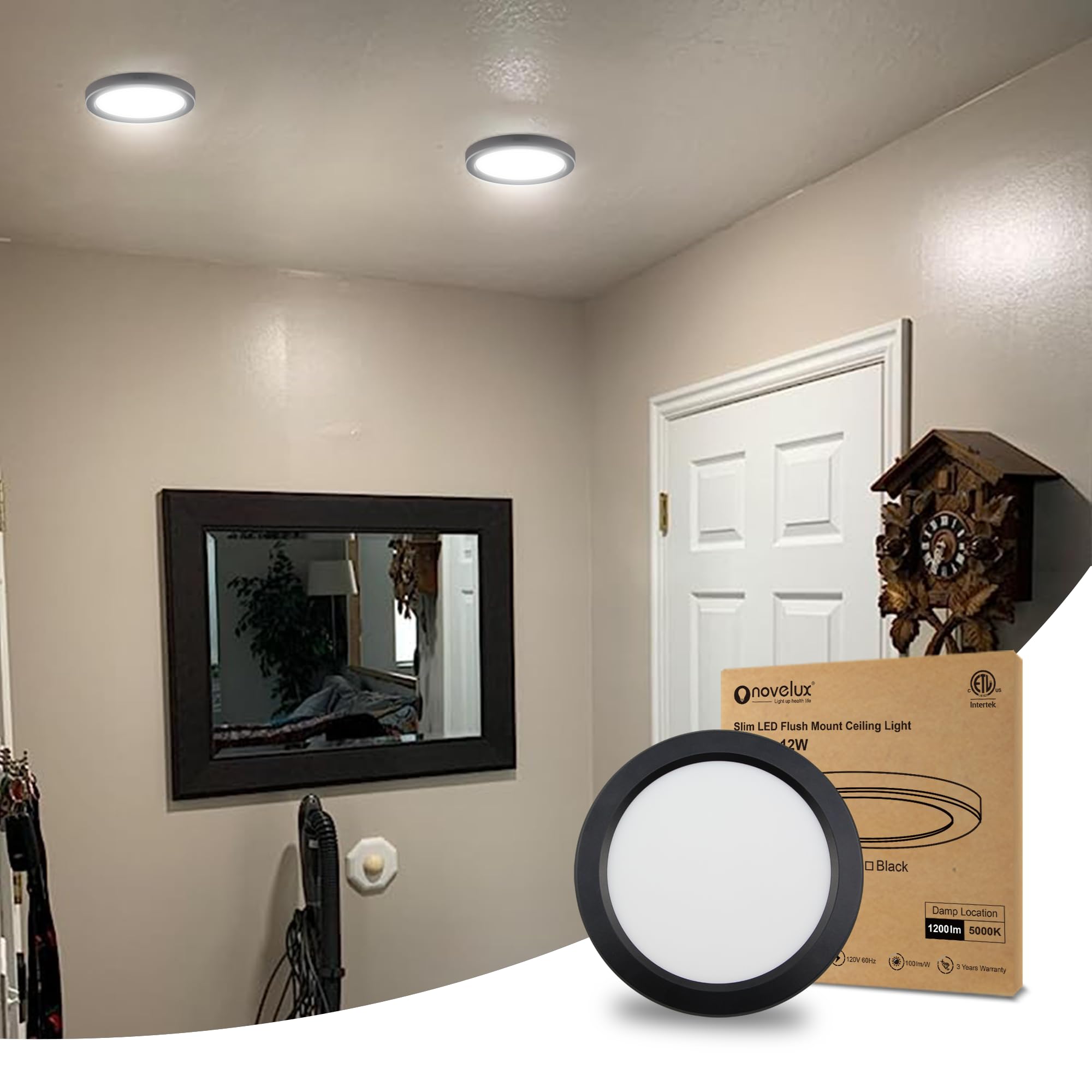 NOVELUX 7 Inch LED Flush Mount Ceiling Light, Dimmable 5000k, Ultra Slim Round Panel, Black, Model CL-7IN, 1 Pack