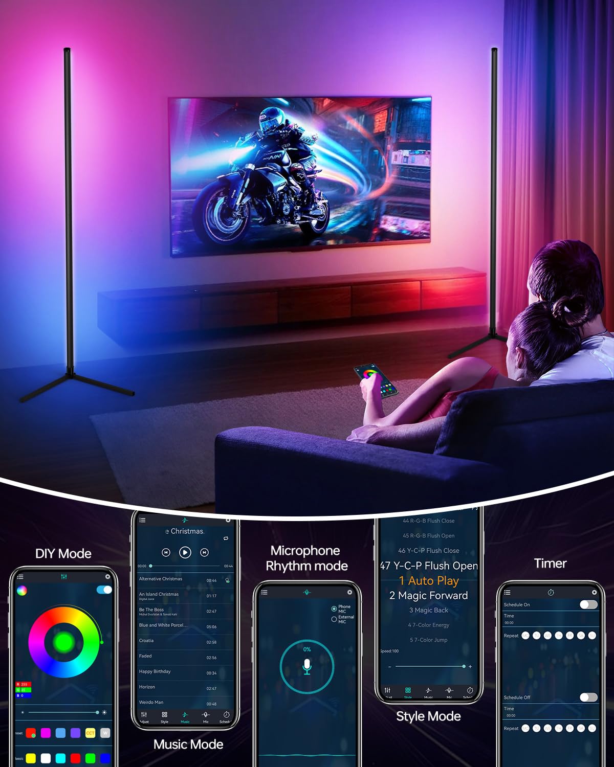 Bodami Smart RGB Corner Floor Lamp, APP & Voice Control, 16 Million Color Changing LED Light with Remote, Dimmable Ambient Light