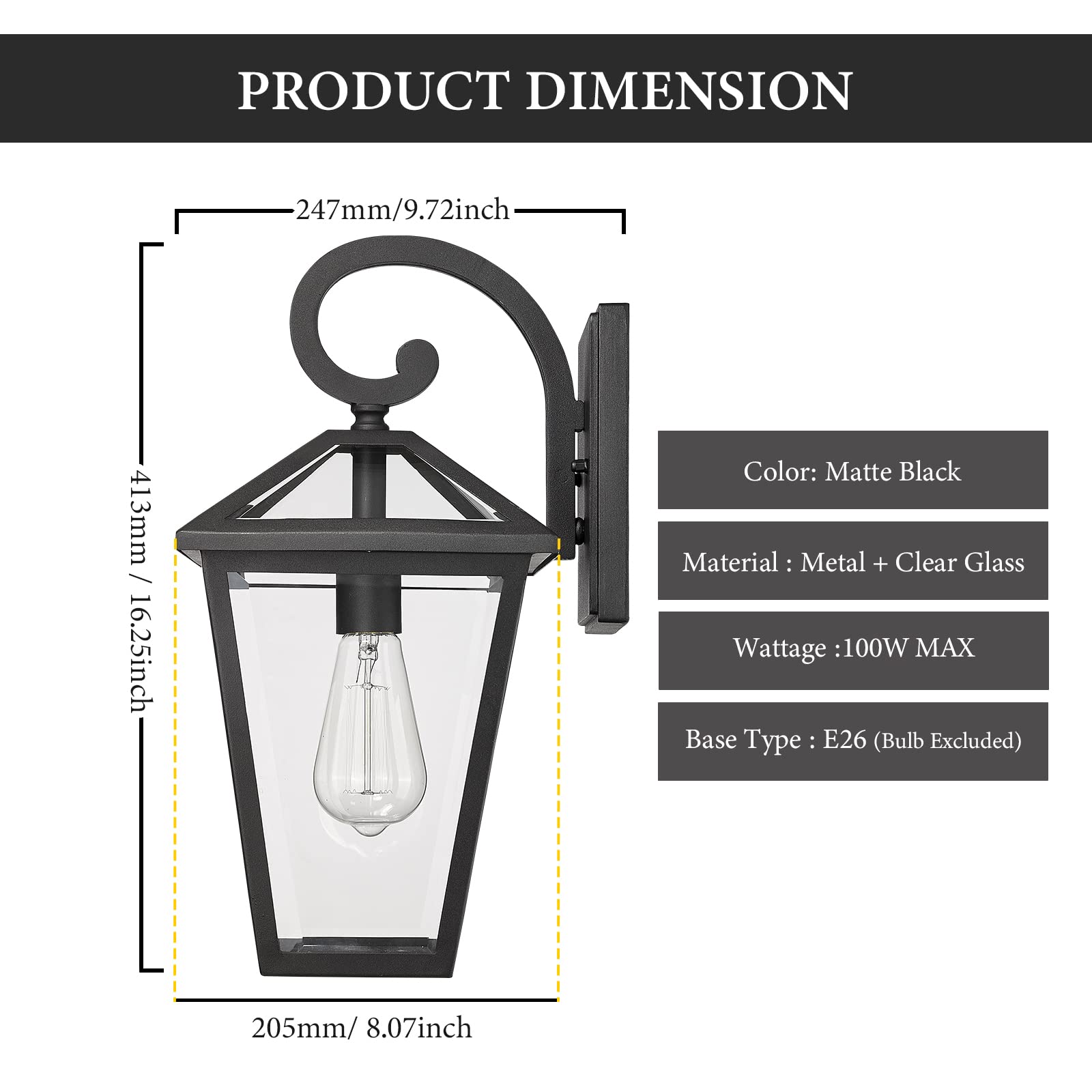 Luminzone Outdoor Wall Lantern, Waterproof Glass, Medium Size, Black, Model 7H1B-M BK