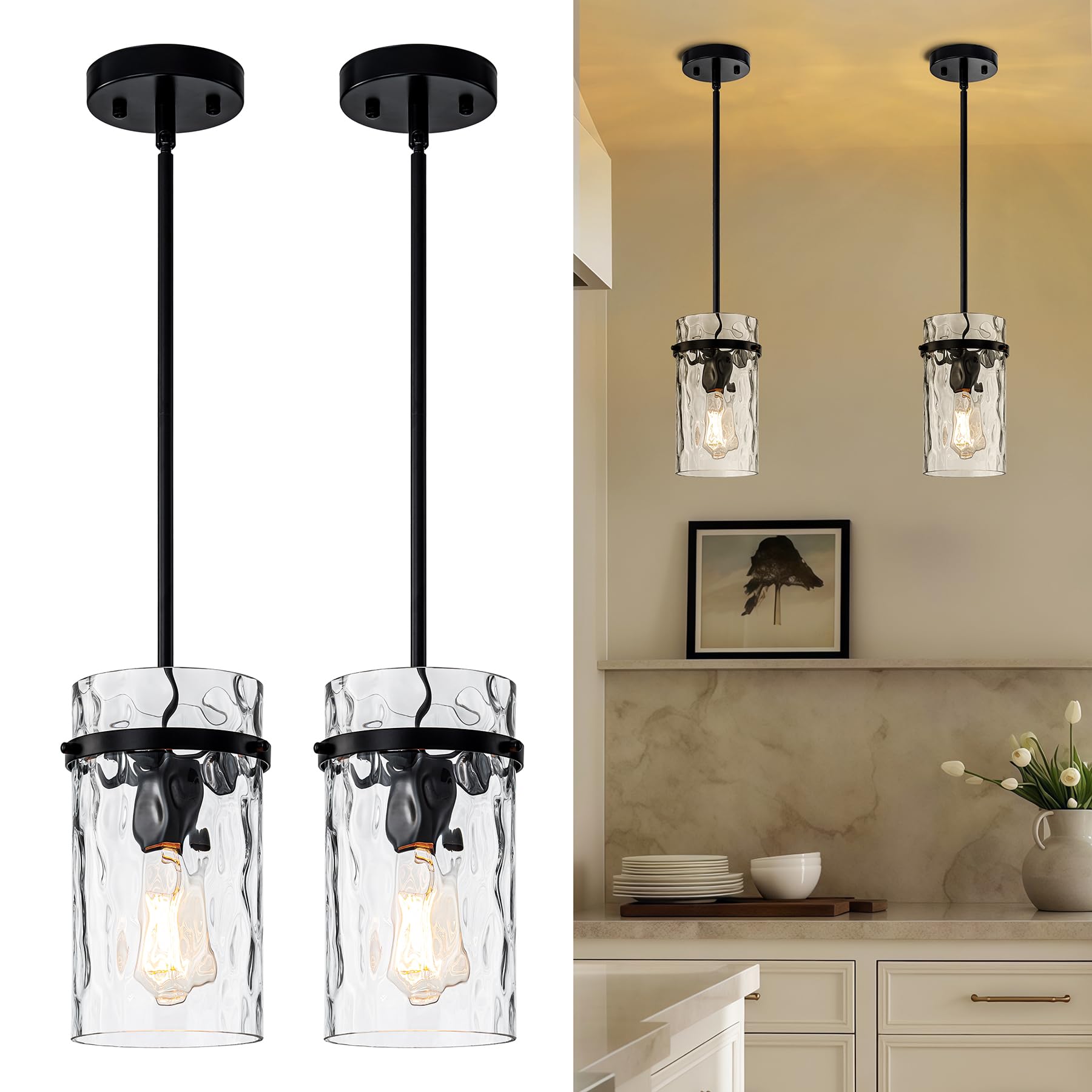 JIMKIGTO 2 Pack 5.5 Black Hammered Hand-Blown Glass Pendant Light Farmhouse Black Pendant Light, Hammered Glass Pendant Light Fi