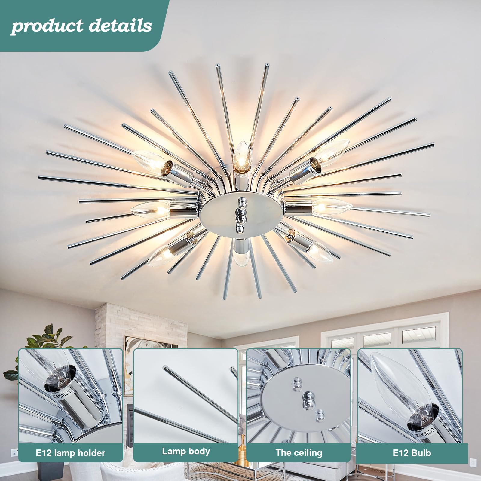 ZGLAOJT Semi Flush Mount Chandelier, 8 Light Modern Metal Ceiling Fixture, Chrome, F-1289, for Kitchen, Dining Room, Living Room