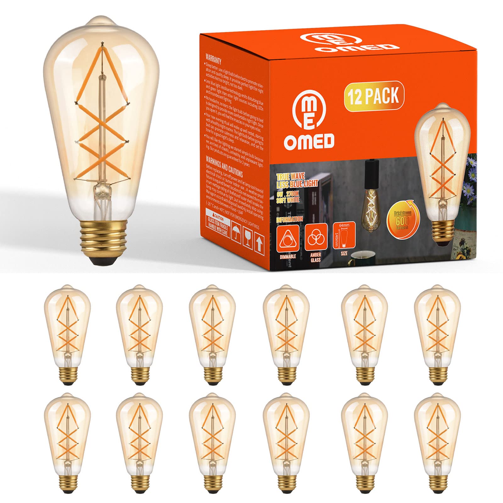 Omed Vintage Edison Bulbs, 12 Pack St64 2700K Soft White, Dimmable Amber Glass Light Bulbs