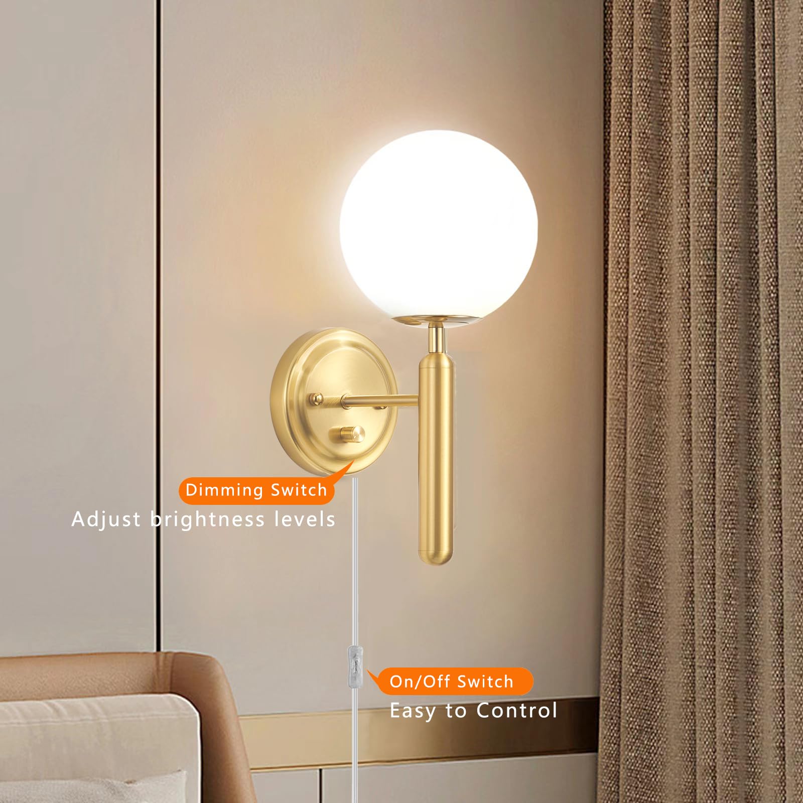 Femusytt Dimmable Plug In Wall Sconces Set Of 2, Gold Plug In Wall Sconce With Glass Globe Mid Century Modern Corded Two Light Wall Lamp Decor For Bedroom Bedside Living Room(Bulb Included)