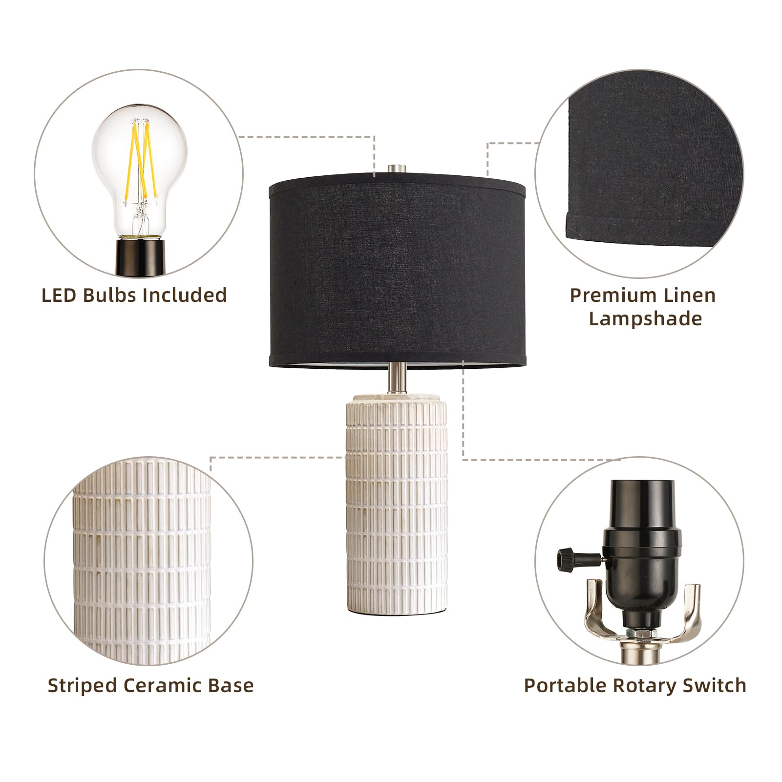 Aieampdo 23'' Set Of 2 Modern Ceramic Table Lamps, Minimalist Bedside Lamp, Rustic Nightstand End Table Lamp For Bedroom, Living