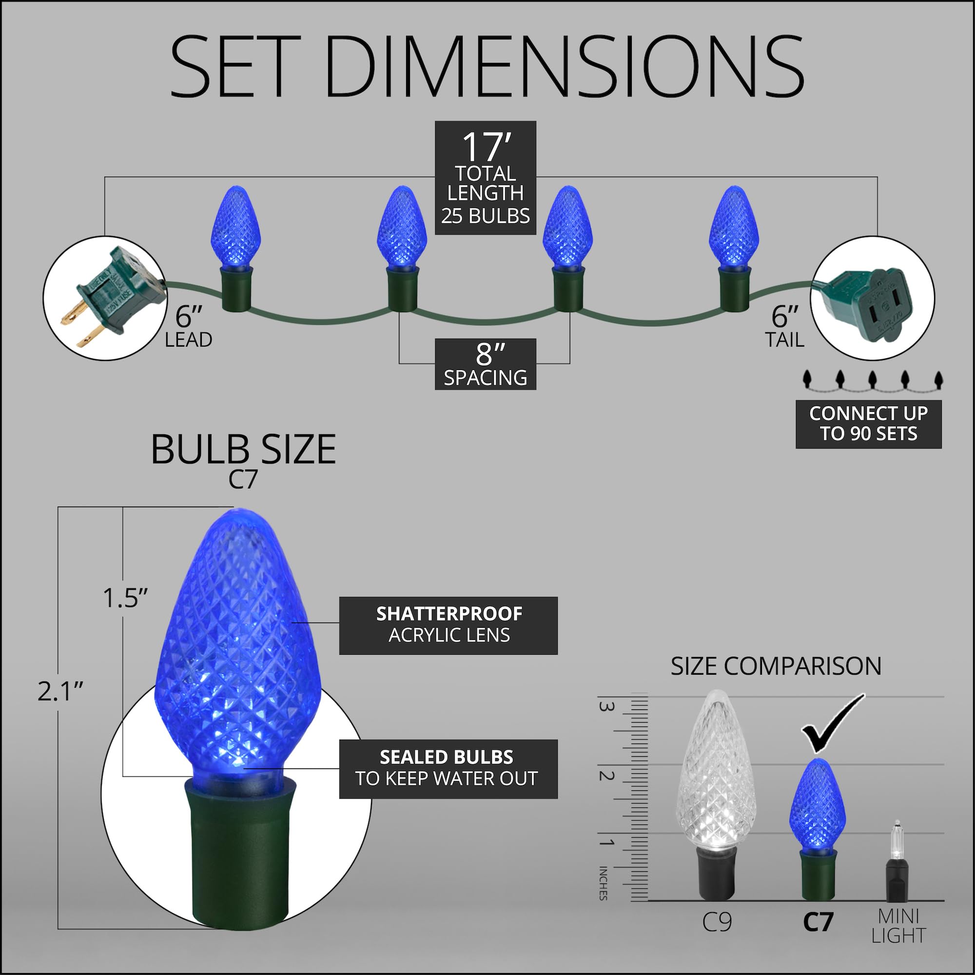 C7 Led Faceted Blue Prelamped Light Set, Green Wire - 25 C7 Blue Led Christmas Lights, 8&quot; Spacing
