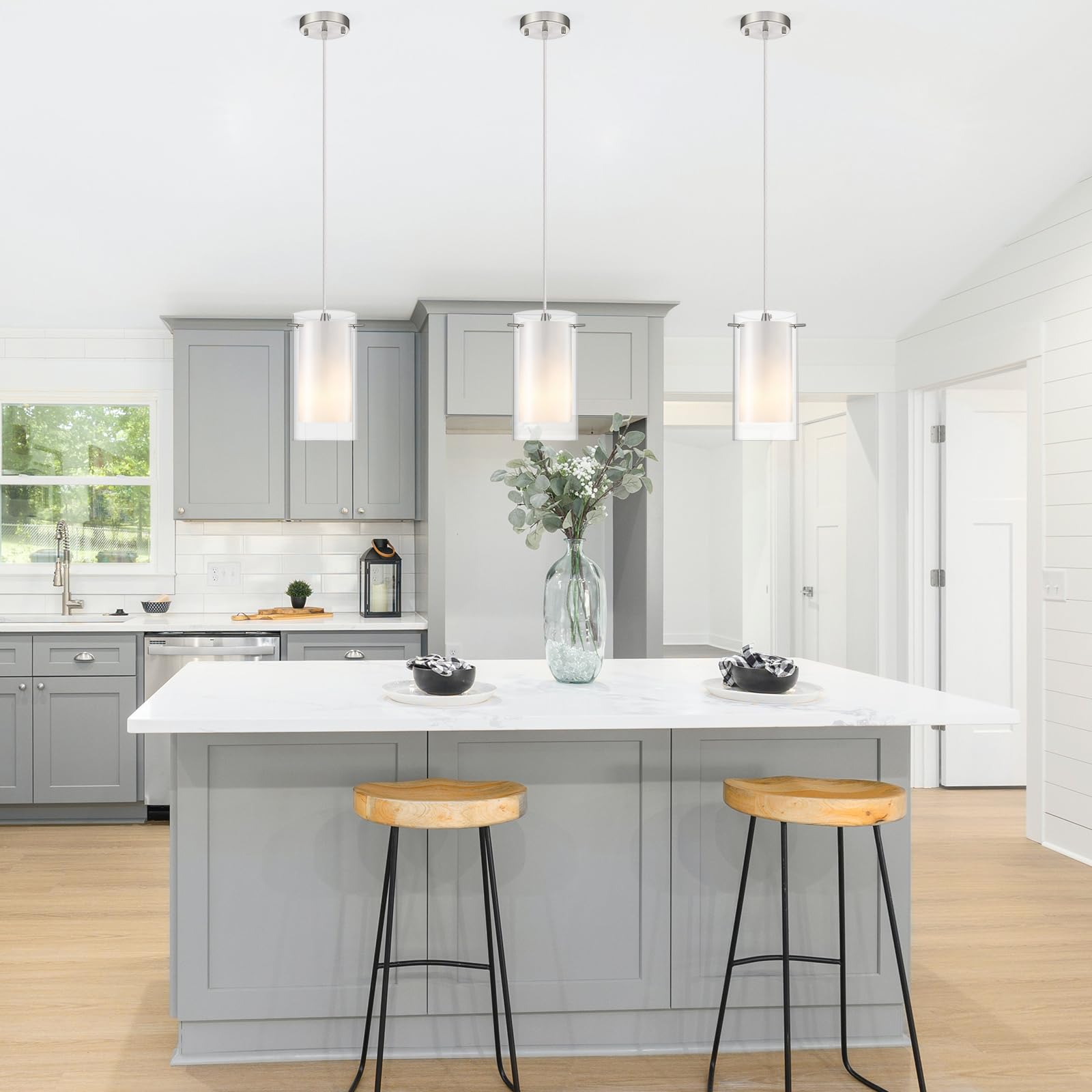 Akezon 3-Light Pendant Light, Indoor Glass Hanging Light Fixture, Adjustable Height, Brushed Nickel Finish For Kitchen Dining Room