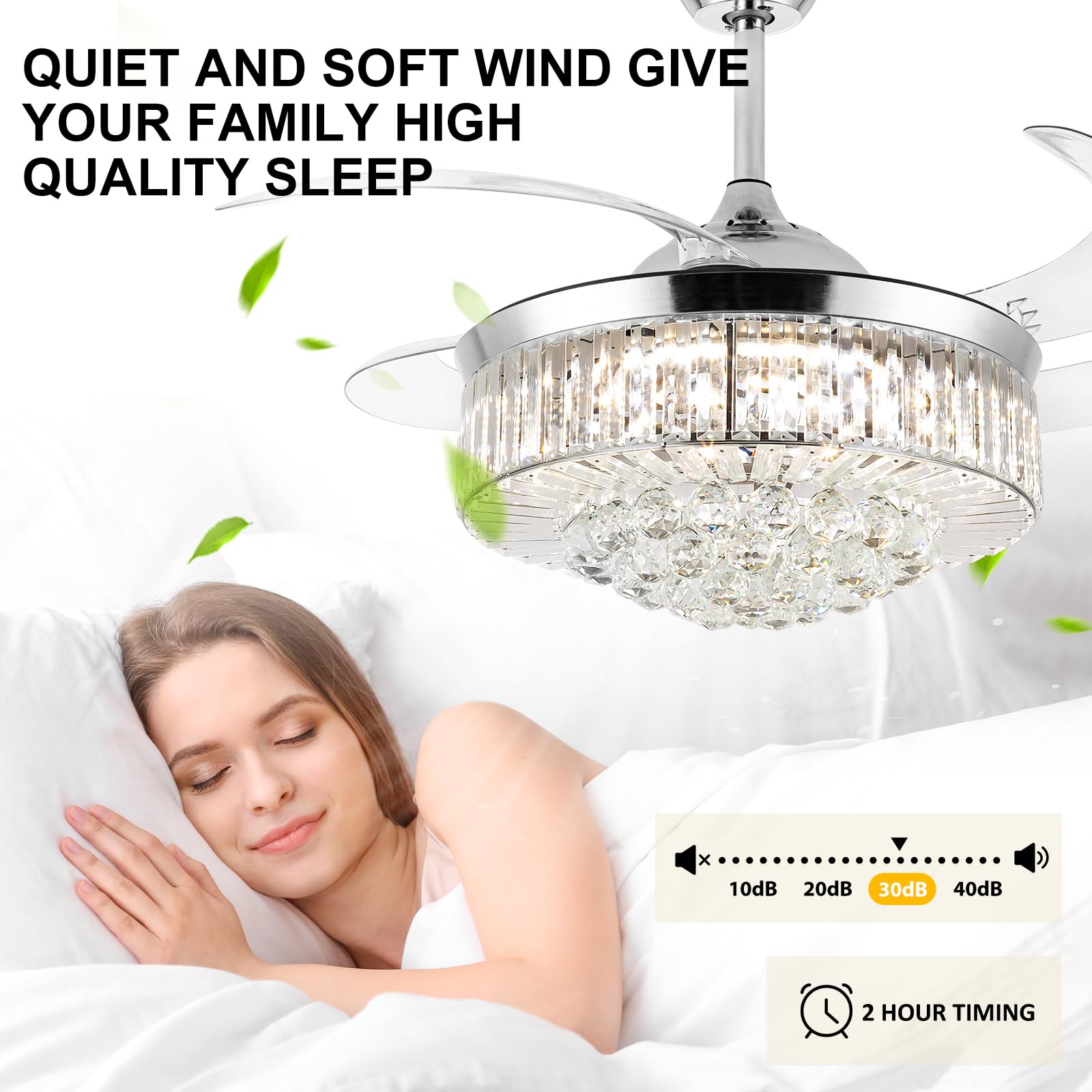 Bavnnro 36" Silver Retractable Fandelier Ceiling Fan with Light, Remote Control, Dimmable - Ideal for Dining Room, Bedroom