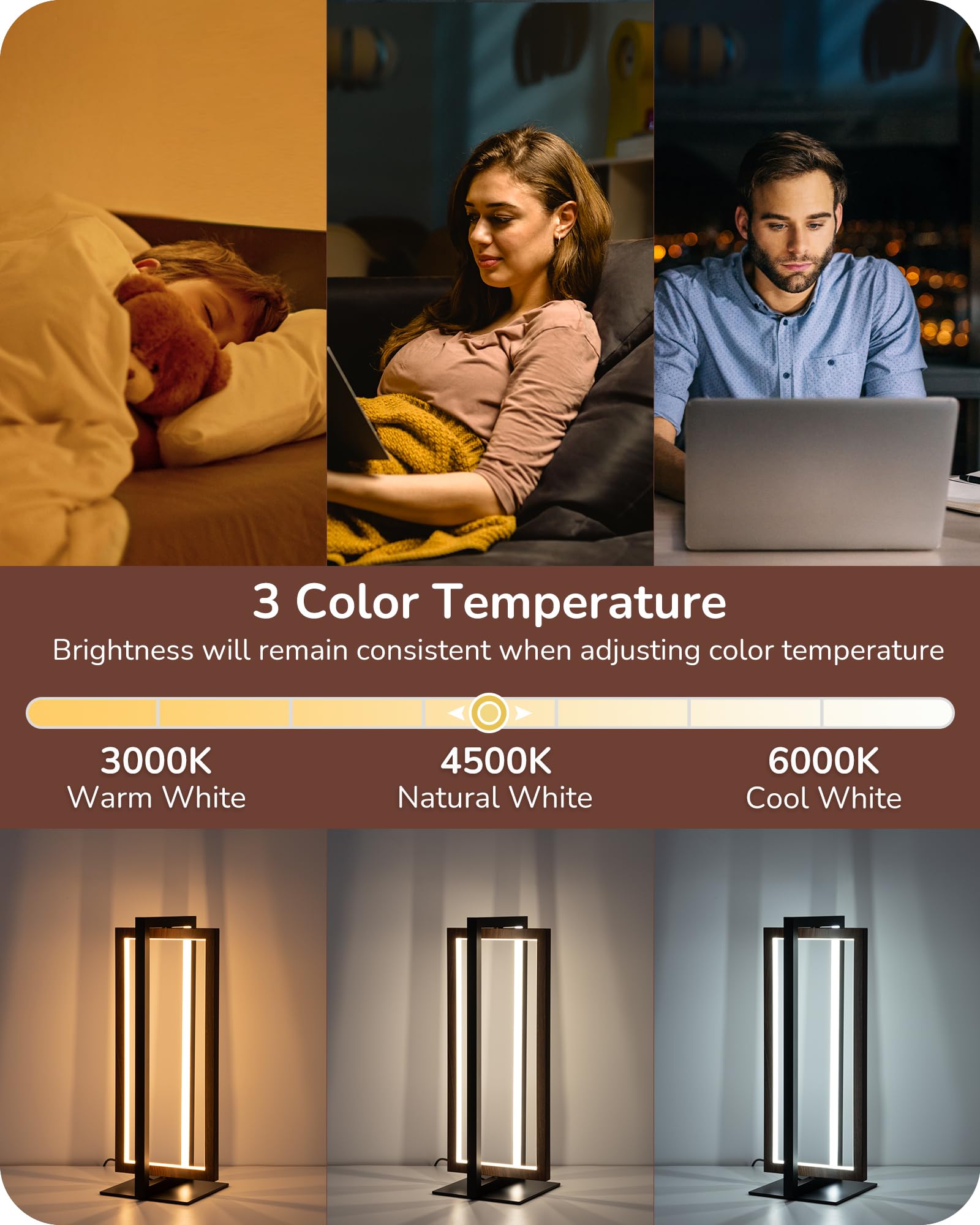 Edishine Modern Led Table Lamp - Dimmable, 3 Color Temp, Adjustable - Walnut Wood Finish