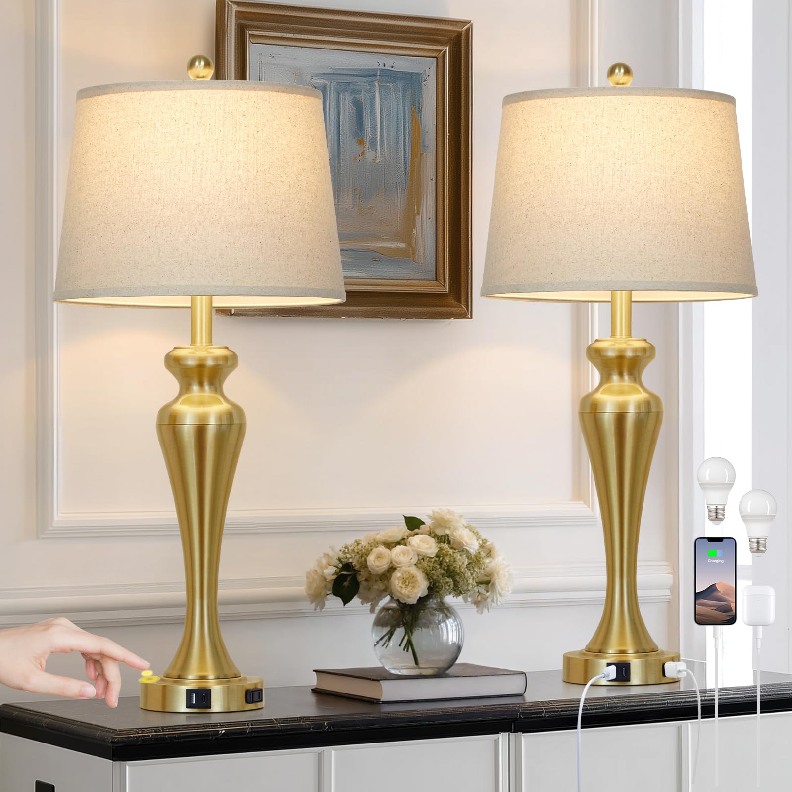 luxeflow 30 Gold Tall Table Lamps for Living Room  Touch Control Bedroom Lamp with USB A+C Ports and AC Outlet  3-Way Dimmable Bedside Table Lamps Set of 2  Modern Metal Lamp for Nightstand