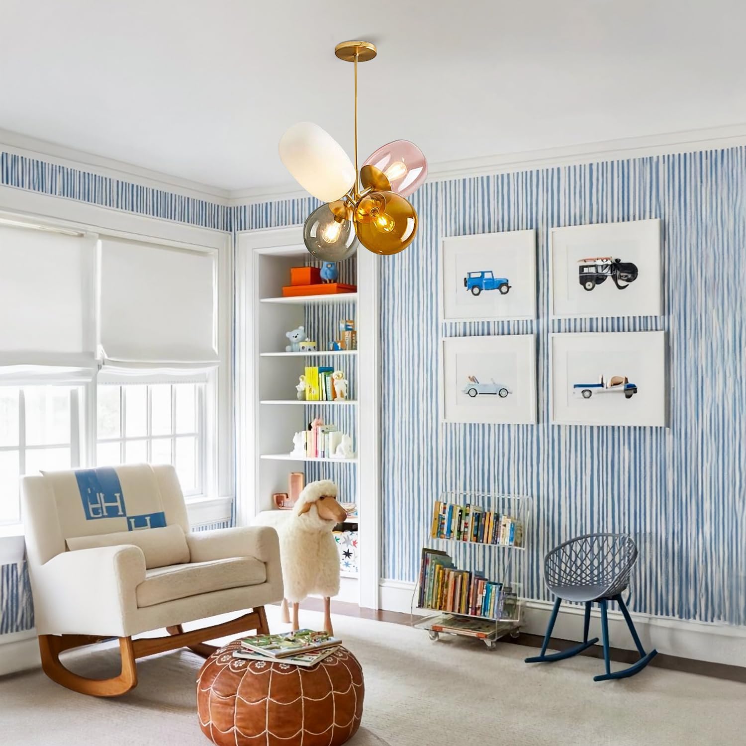 KCO Modern Colorful Pendant Light, Stained Glass Gold Globe Chandelier, Model L1088, Ideal for Kitchen Island & Kids Room