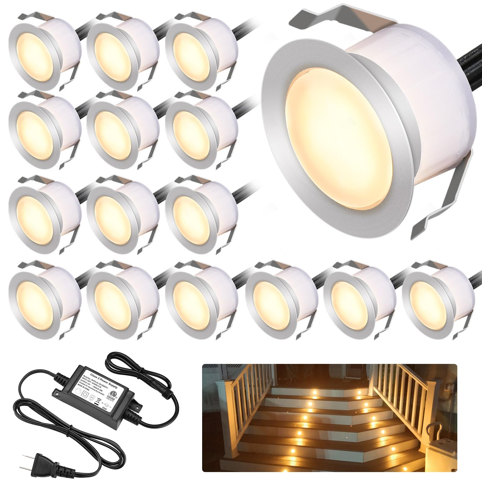GEYUEYA Home LED Deck Light Kits Warm White, F1.22 Recessed Step Light 16 Pack with Silvery Protective Shell, DC12V Low Voltage 