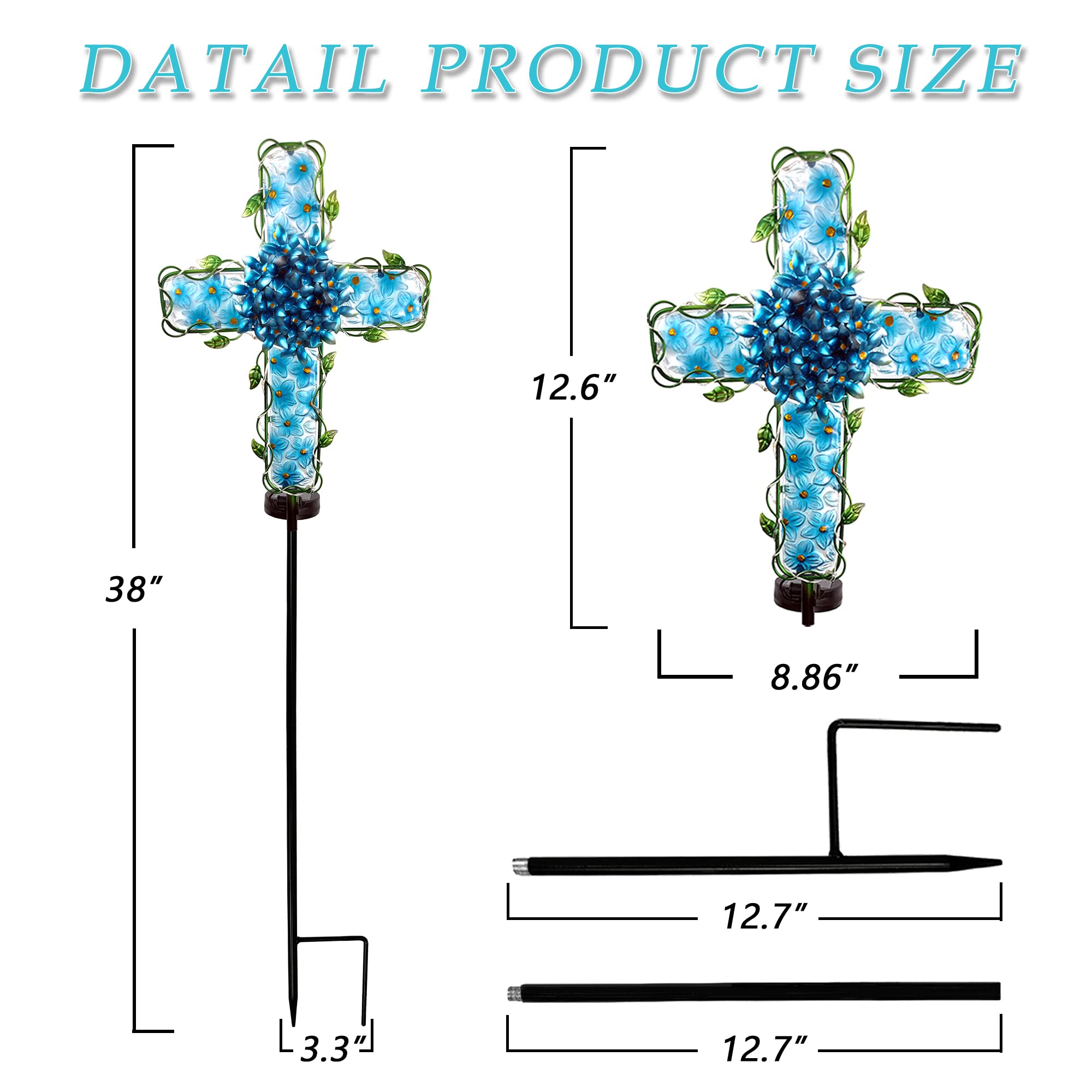 Coozzyhour Solar Cross Garden Lights Outdoor Decorative - Solar Metal&Glass Cross Blue Hydrangea Flower Stake Lights- Waterproof