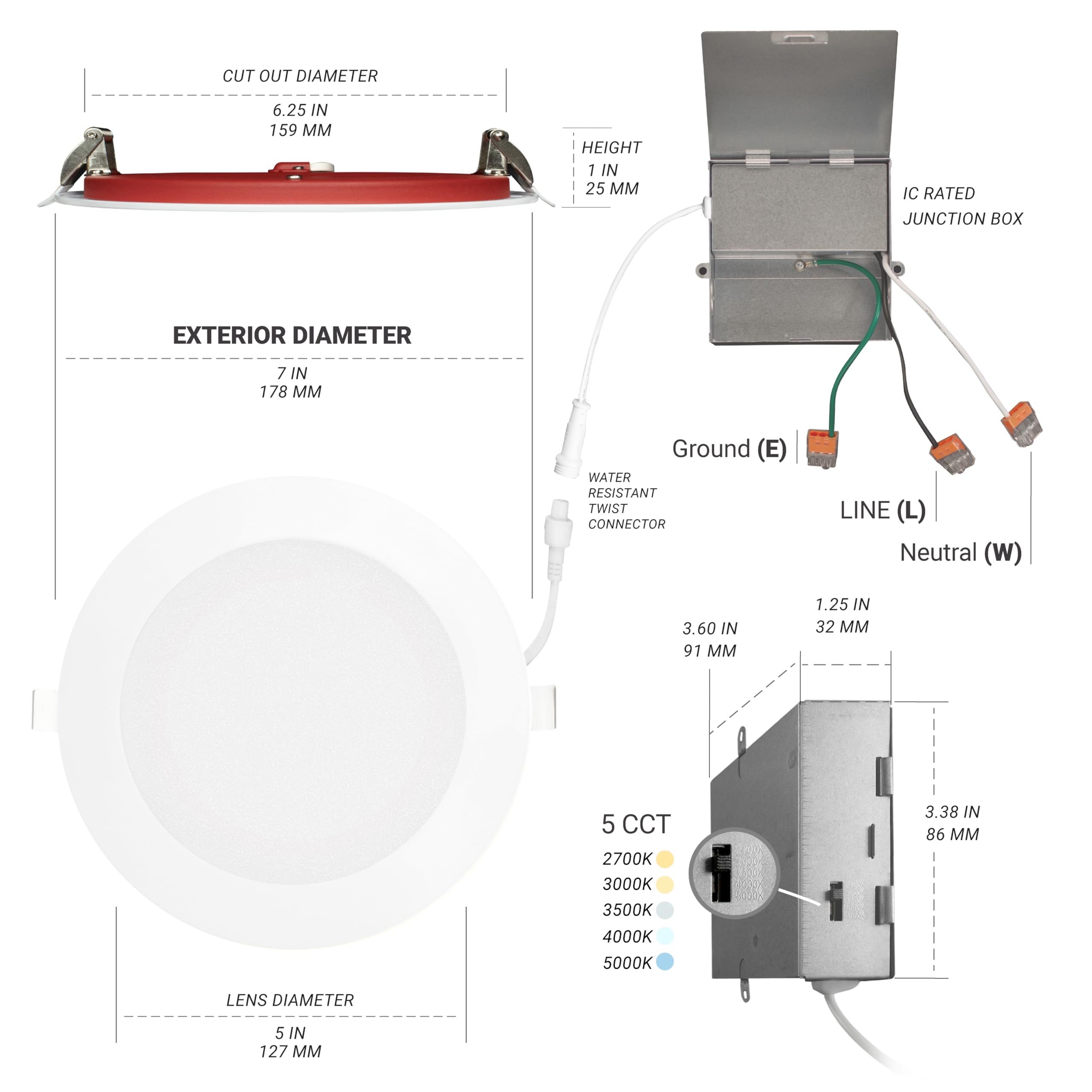 Nuwatt 6 Inch 2 Hour Fire Rated Ultra-Thin Led Recessed Light, Selectable 2700K/3000K/3500K/4000K/5000K, 1200 Lumens, Dimmable,