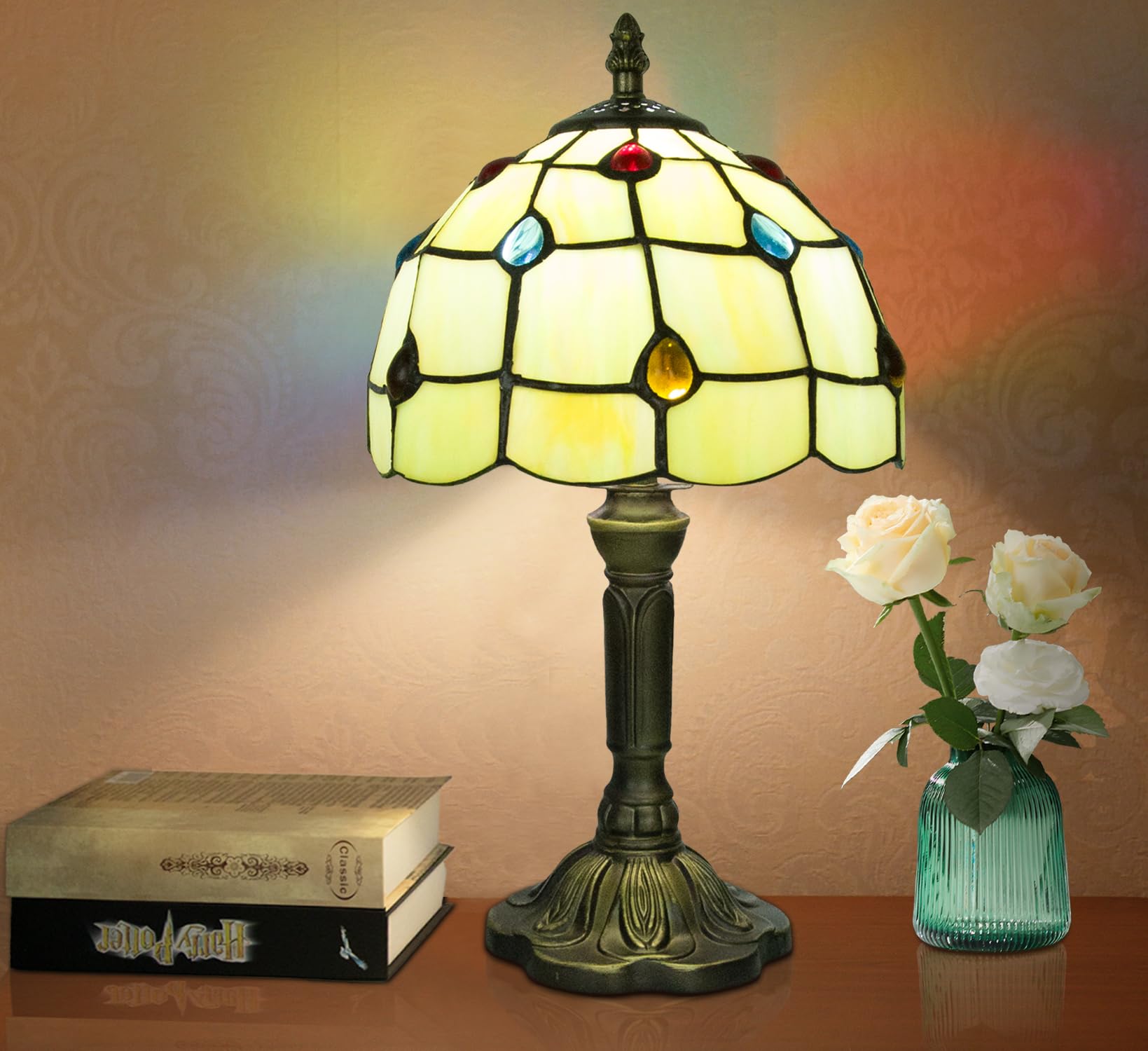 Crefotu Tiffany Style Table Lamp, 3 Color Temperatures Bedside Lamp, 8 Inch Stained Glass Desk Light For Home Office Bedroom Liv