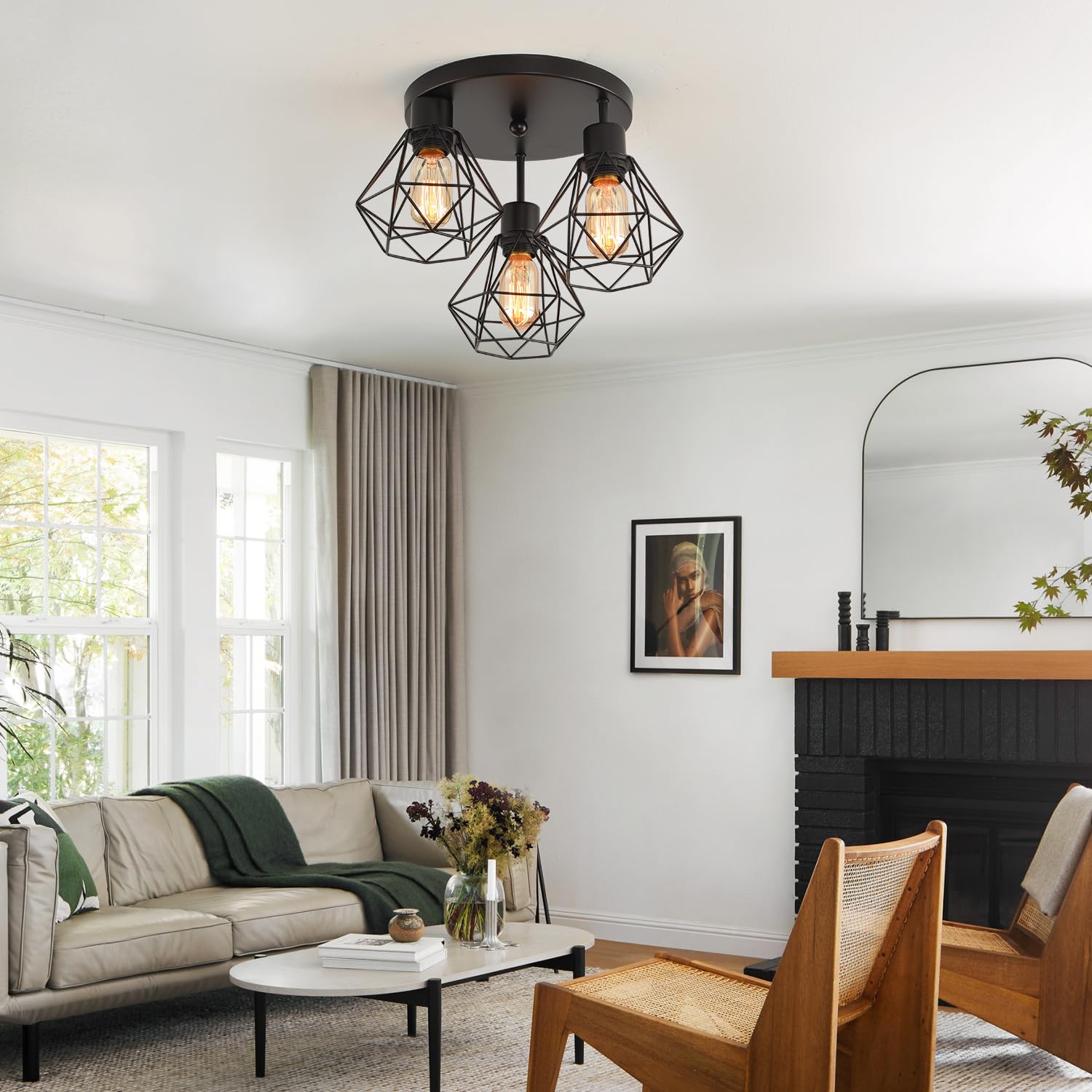 SHIWEIDA Industrial Ceiling Light Fixture, 3-Light Black Metal Cage, Model CCSAN, 1 Pack