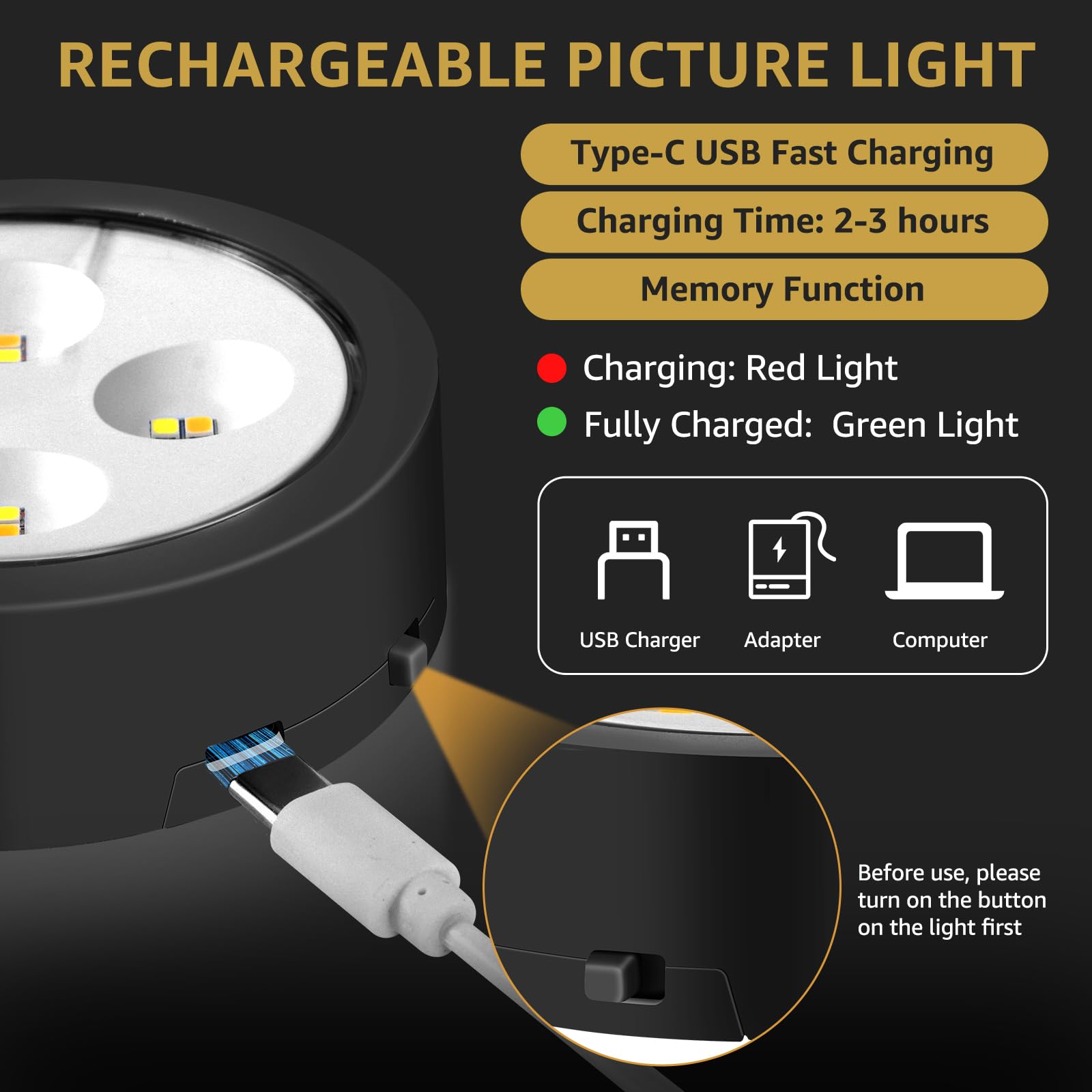 Mioblue 3Pack Rechargeable Battery Pictureainting Light With Remote Control Dimmable And Timer, Magnetic Art Display Puck Light