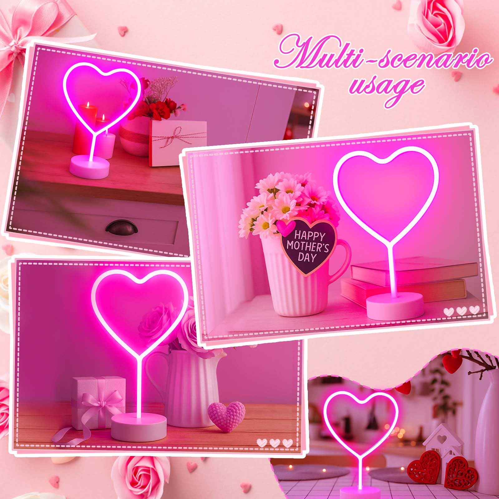 Pink Heart Neon Sign  2 Pack Led Neon Light Battery Operated Or Usb Powered Lamp Valentines Day  Table Decorations Lights For Room Dorm Wedding Anniversary Bedroom Classroom Decor