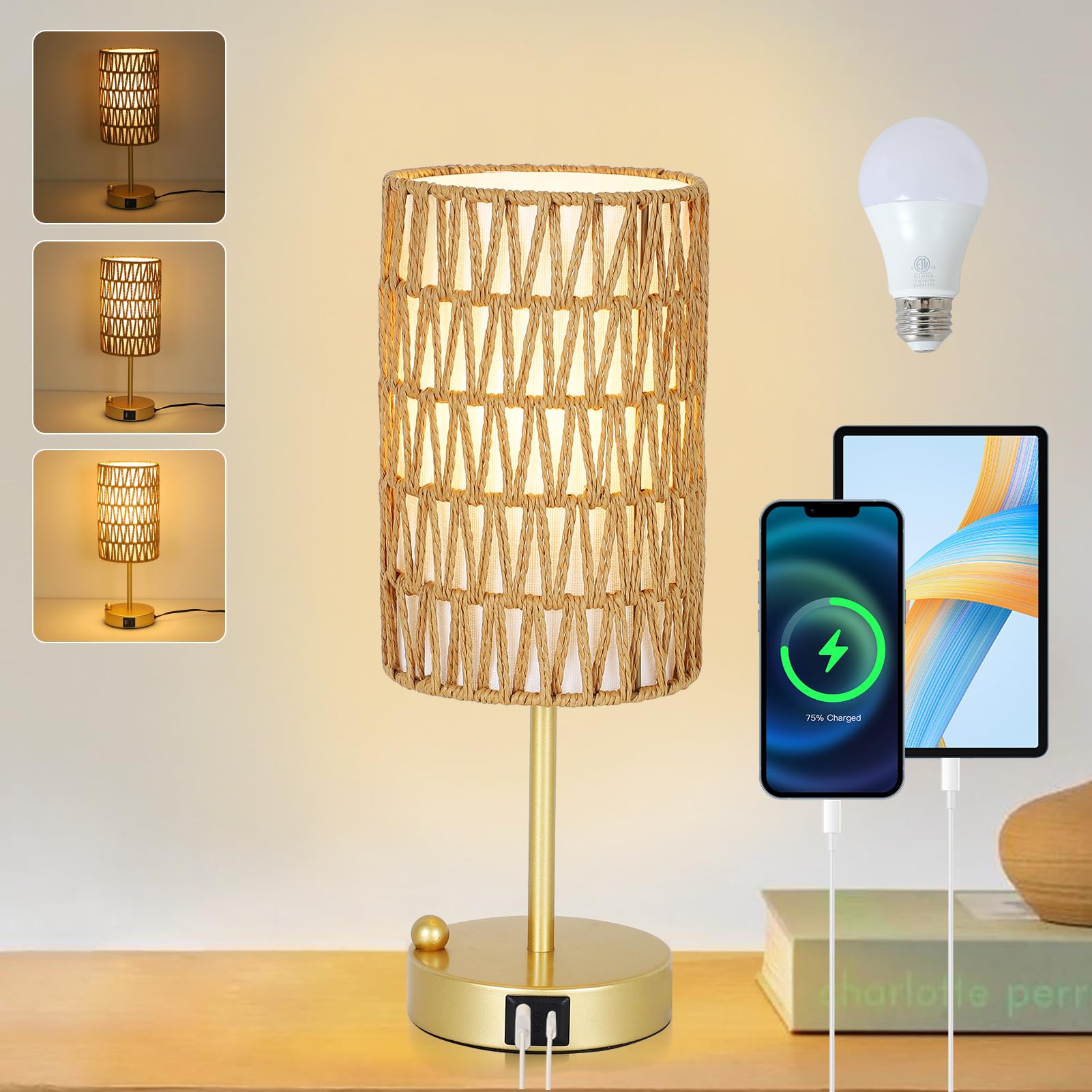 Eayaya Gold Table Lamp for Bedroom with Bulb, Small Touch Control Table Lamp for Living Room with Rattan & Linen Shade, 3 Way Di