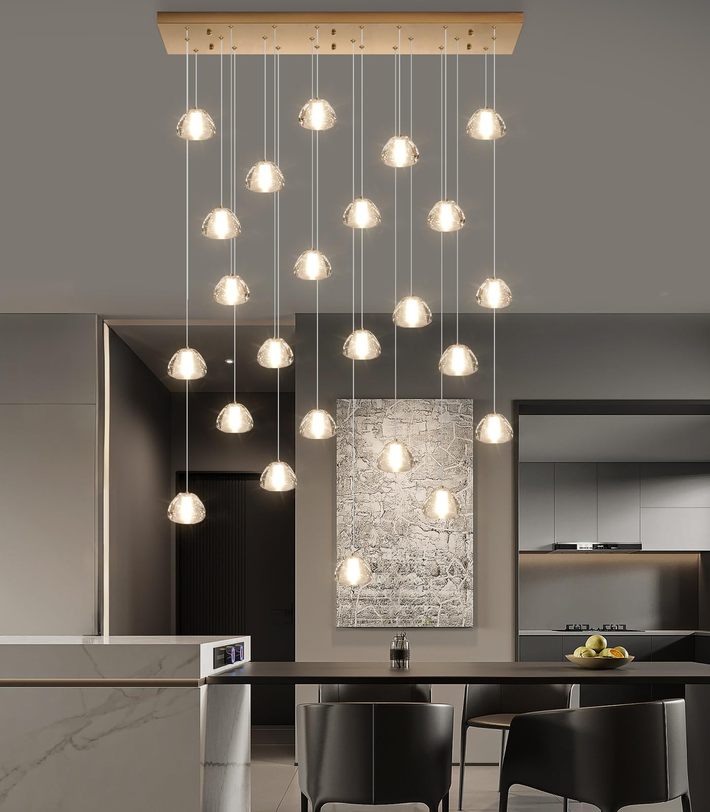 dolria Modern Crystal Rectangular Chandelier, 24-Lights, Gold, LED Pendant Light for Living Room, Hotel, Hallway, Model PC0010-24G-Chang