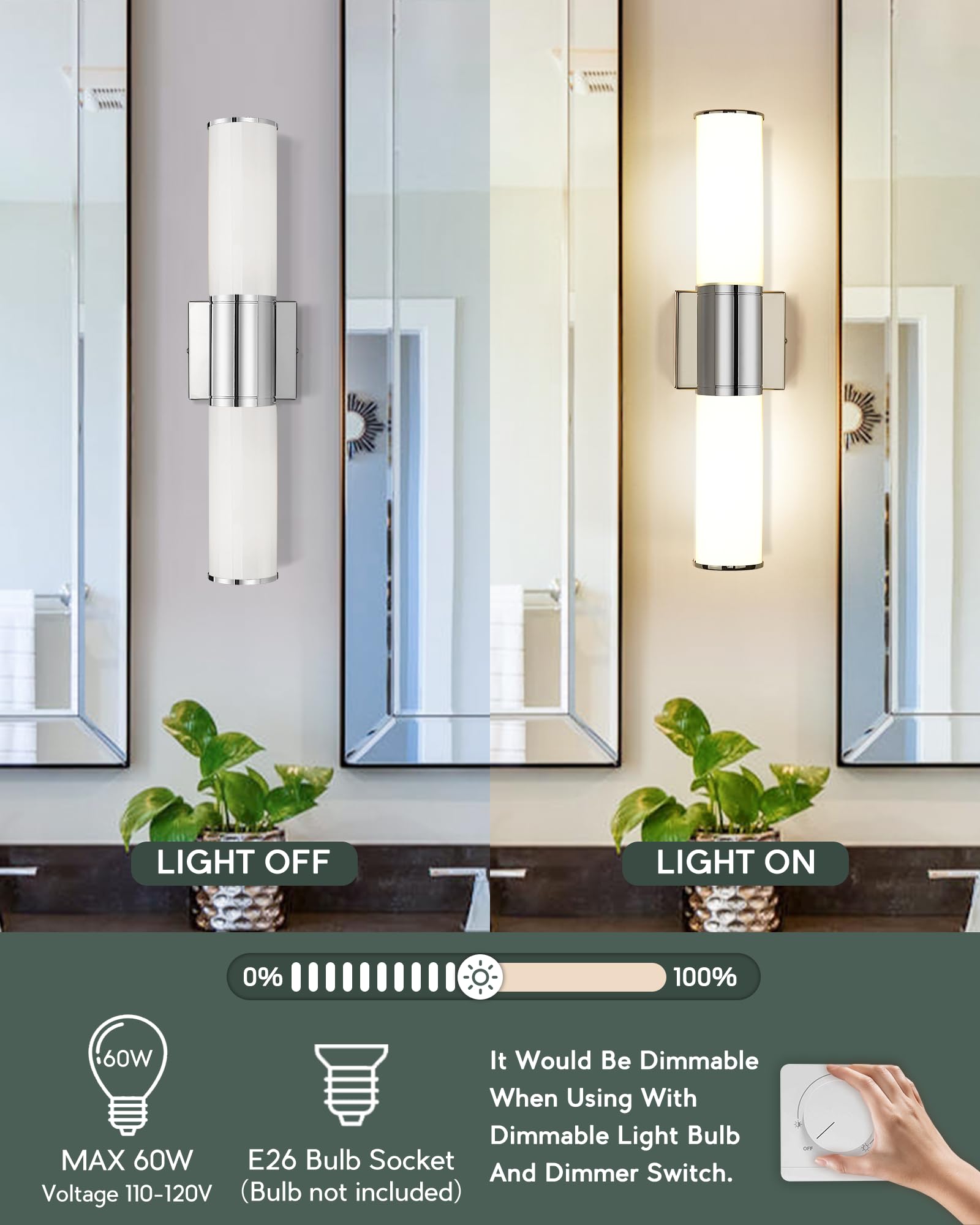 METWET Bathroom Vanity Light Fixture, Chrome Wall Sconce with Milk Glass, Modern Up/Down Mount Lamp for Bathroom, Bedroom, Kitchen, VL834-CH-ML