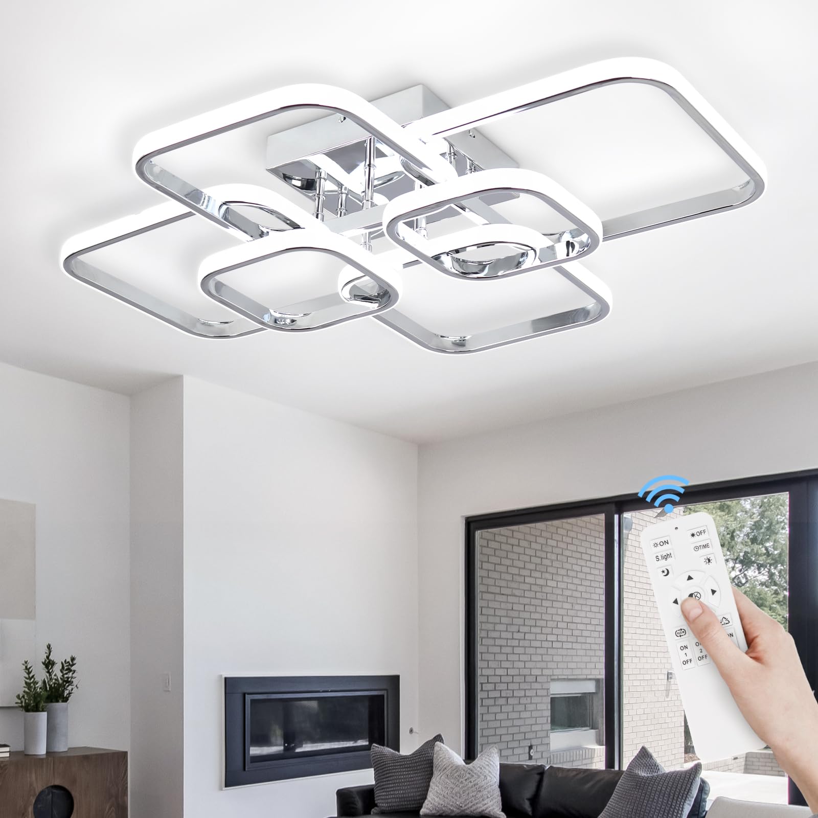 Sovinzert 31.5'' Modern LED Ceiling Light 6-Square Dimmable Ceiling Light Fixtures with Remote 3000K-6000K Chrome Close to Ceili