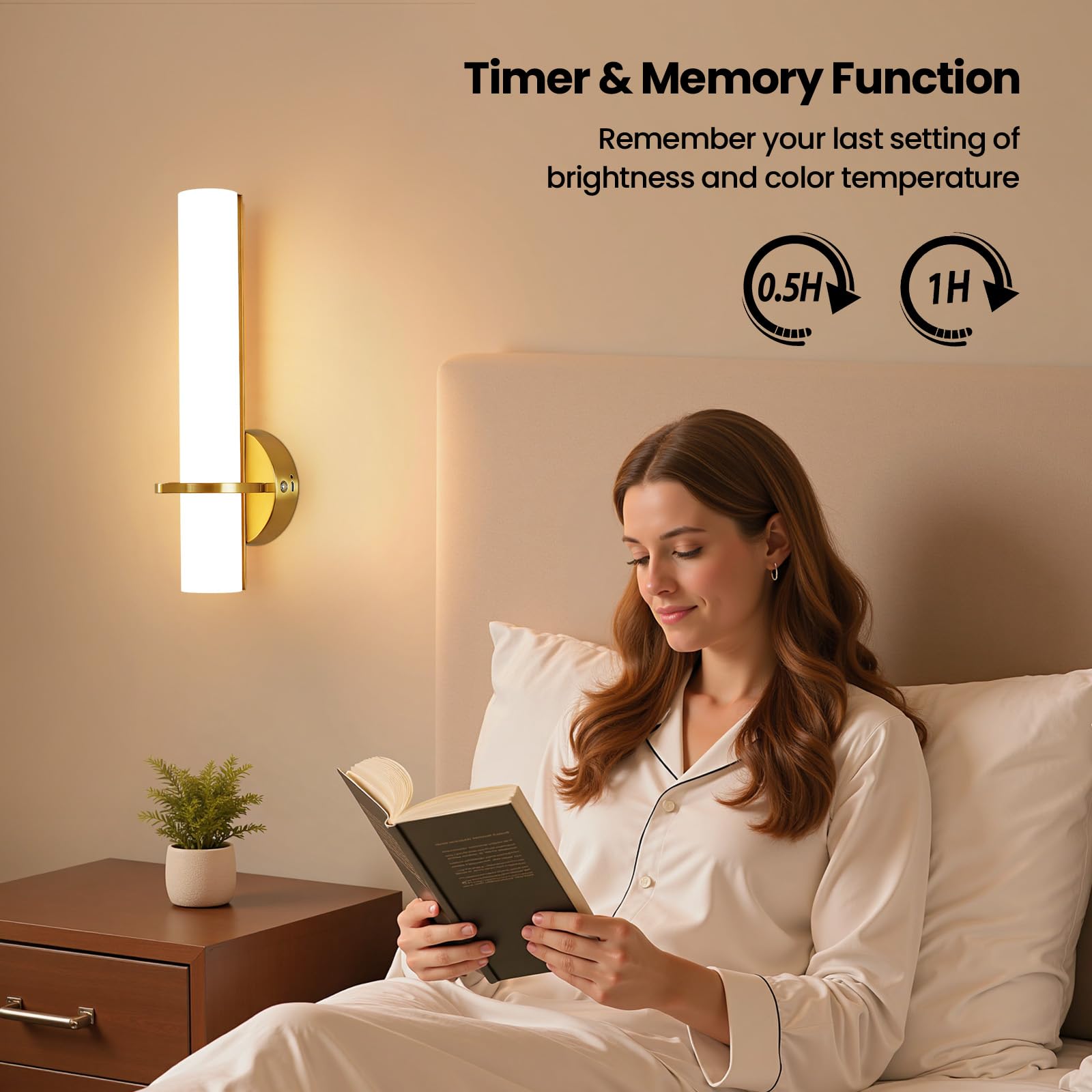 AIJIASI Battery Operated Wall Sconces - 15" Gold, 10000mAh, Dimmable LED, Wireless Wall Lights Set of Two for Bedroom & Living Room