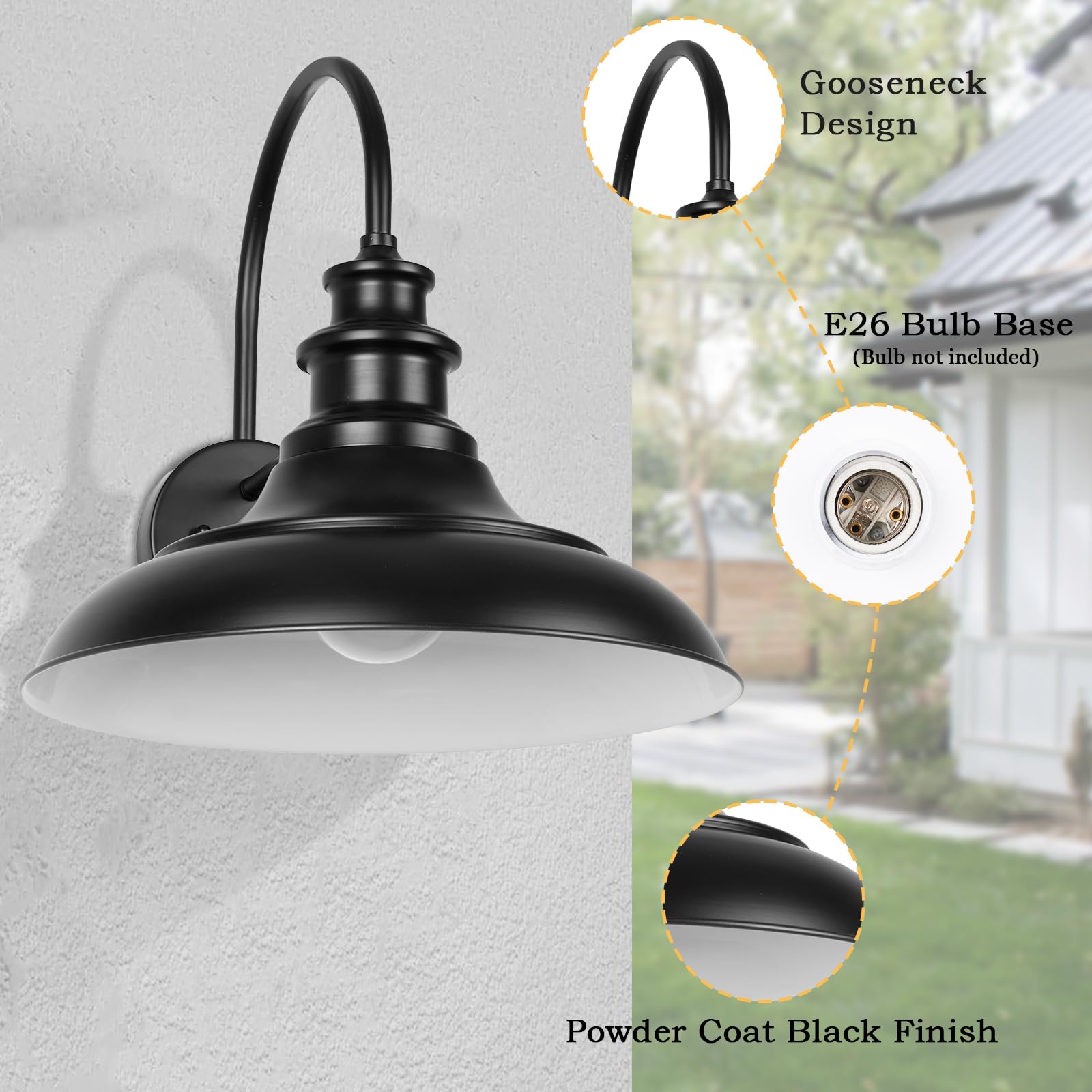 Outdoor Barn Light Fixture, 12.3 Inch Large Dome Farmhouse Exterior Wall Mount Light, Gooseneck Wall Sconce Indoor Wall Lighting