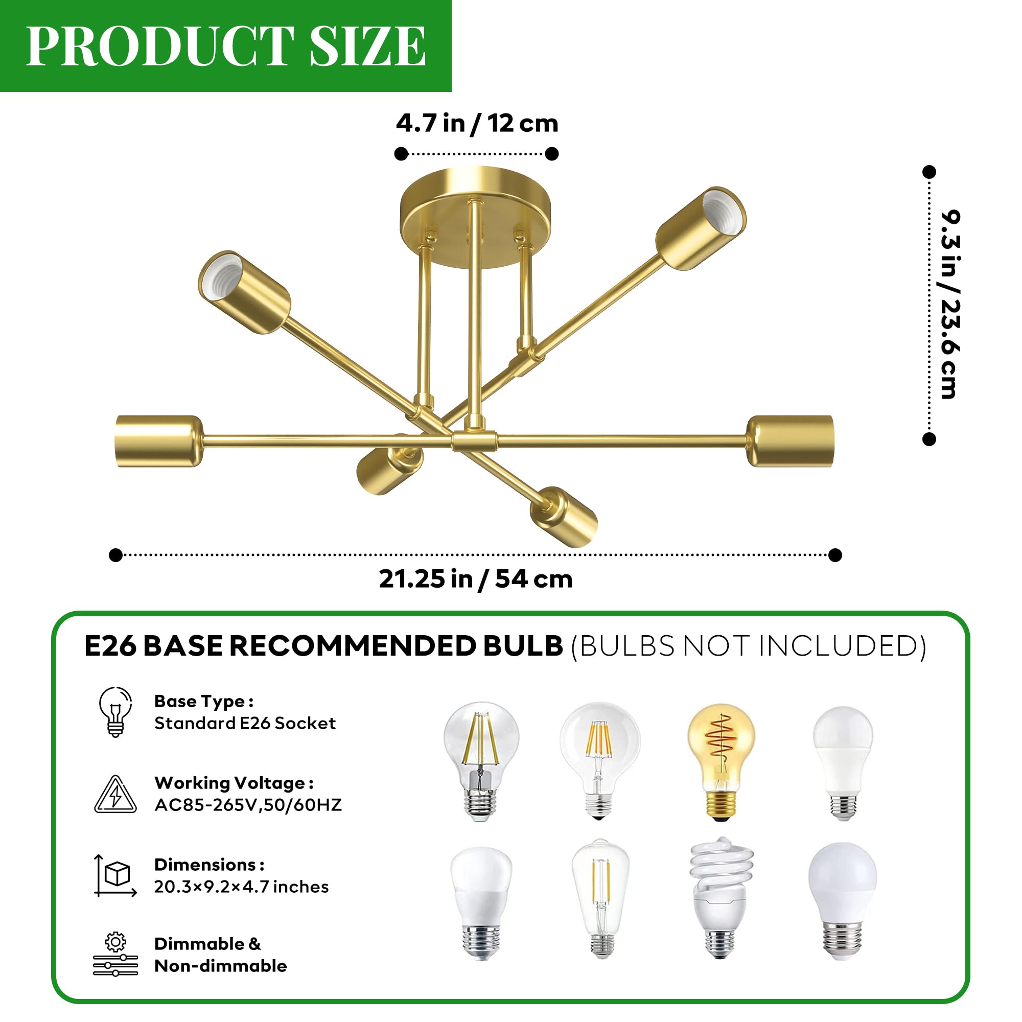 Phaosio Modern Sputnik Chandelier, 6-Light Metal Semi Flush Mount, Gold, 22” - Ideal for Dining Room, Bedroom, Living Room - Model POSI02