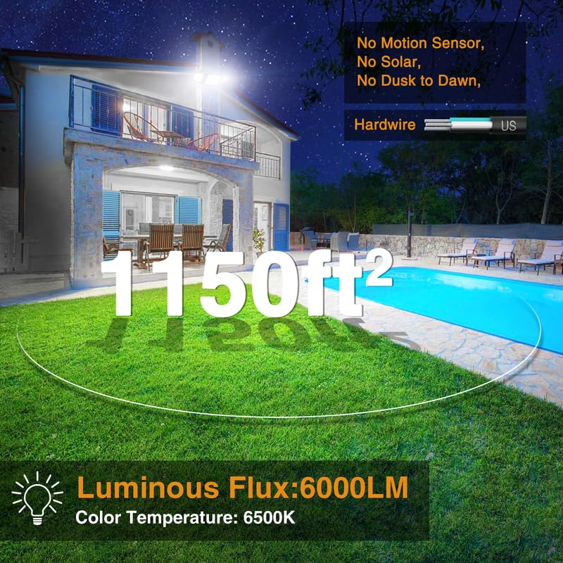 Onforu 60W Outdoor Flood Lights, 6000LM Bright, 3 Adjustable Heads, IP65 Waterproof, Black, Model BDB60-3