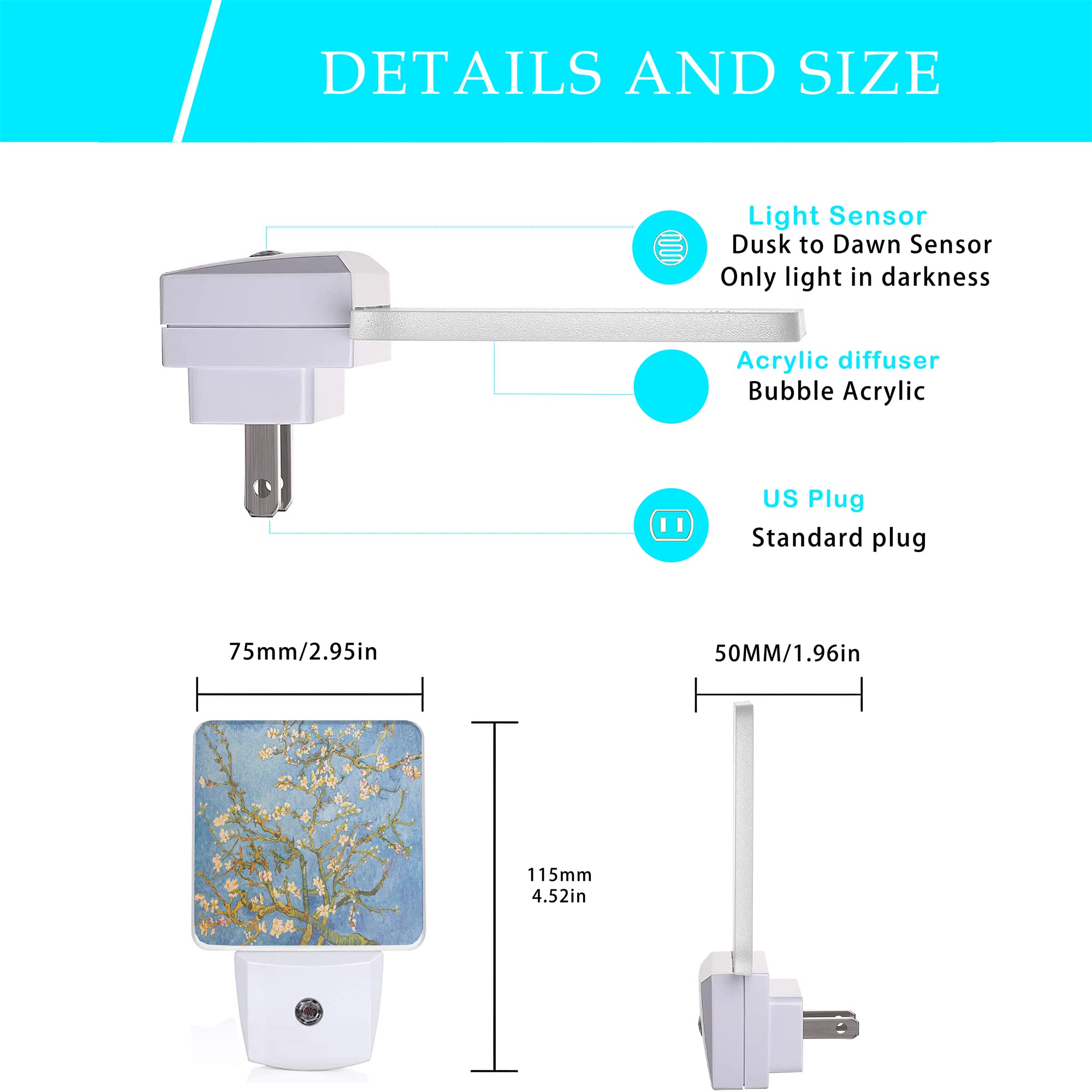 Oeaskly Blossoming Almond Tree Night Light,Van Gogh Night Lights Plug Into Wall For Boys Girls, Led Lamp For Stairway/Hallway/Bedroom 0.5W Nightlight Sleep Friendly