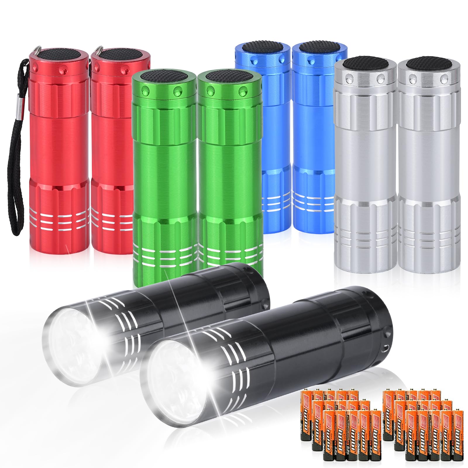 yikosam 9 LED Mini Aluminum Flashlights - 10 Pack with Lanyard, Includes 30 AAA Batteries, Assorted Colors