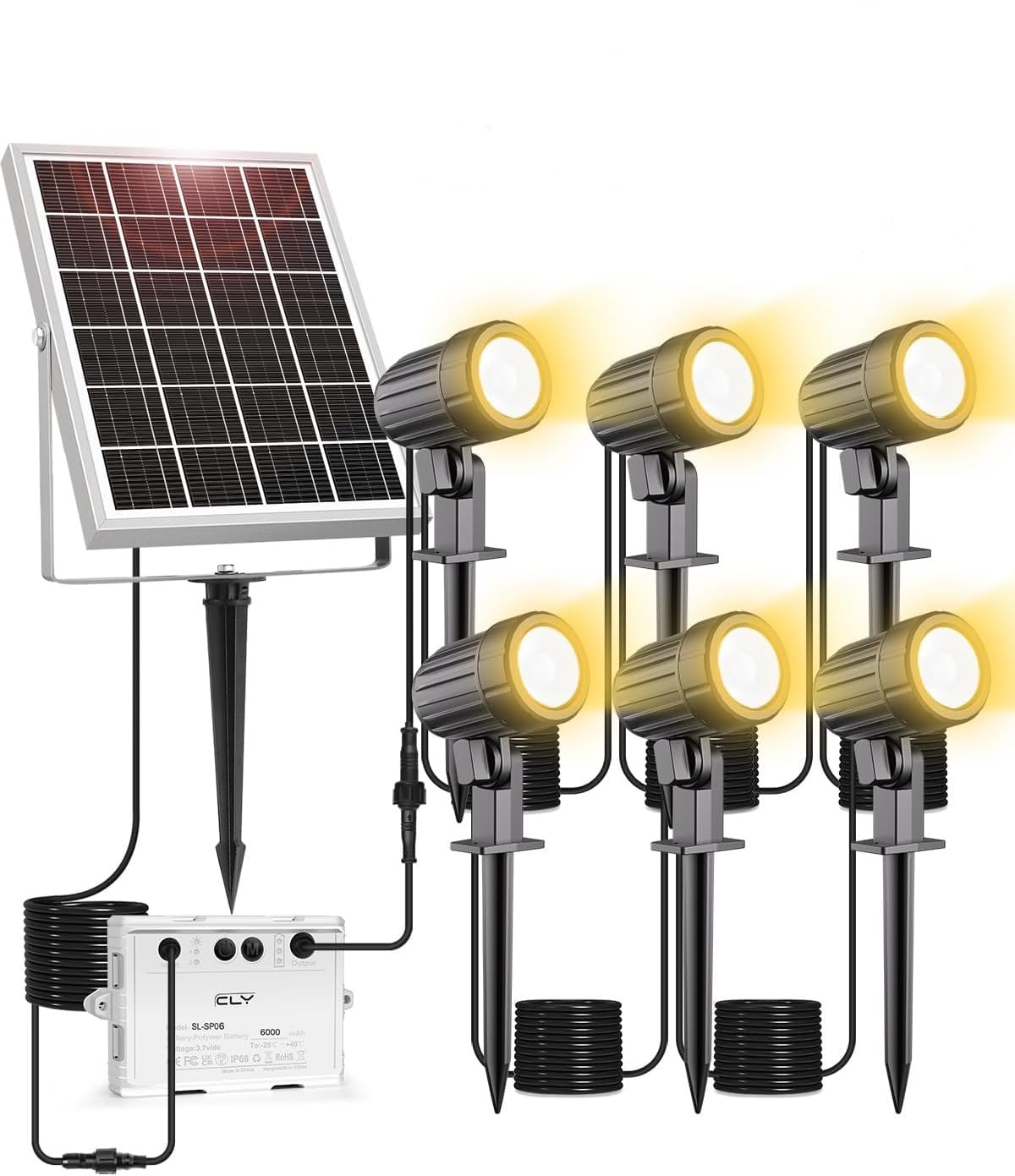 CLY 6 in 1 Solar Spot Lights Outdoor, 2700K Warm White Solar Spotlights Landscape Lights, IP66 Waterproof 59.06ft Cable Auto On/