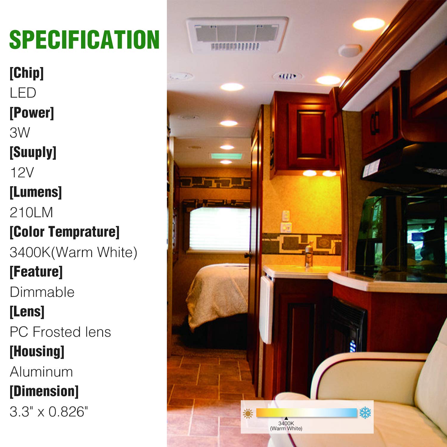 Homdec LED Recessed Ceiling Light, 3-Inch Dimmable 4W, 3500K Warm White, Metal, Model RVR3HN-34, 1 Pack