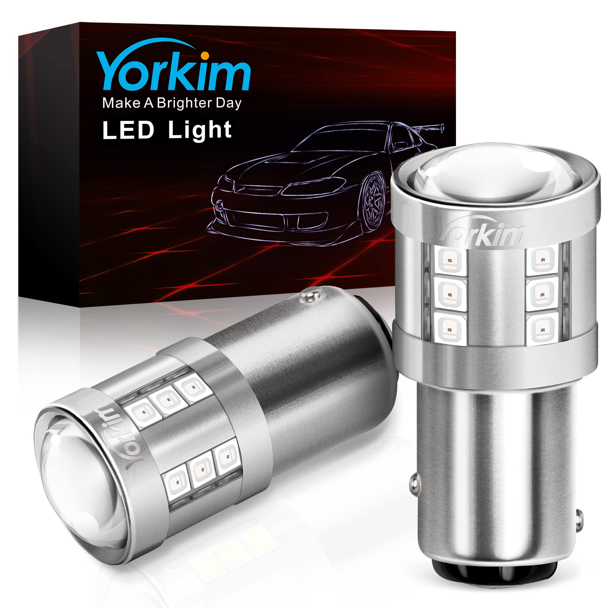 Yorkim 1157 LED Bulb, 3000 Lumens, Red, 1157/2357, Aluminum, Pack of 2