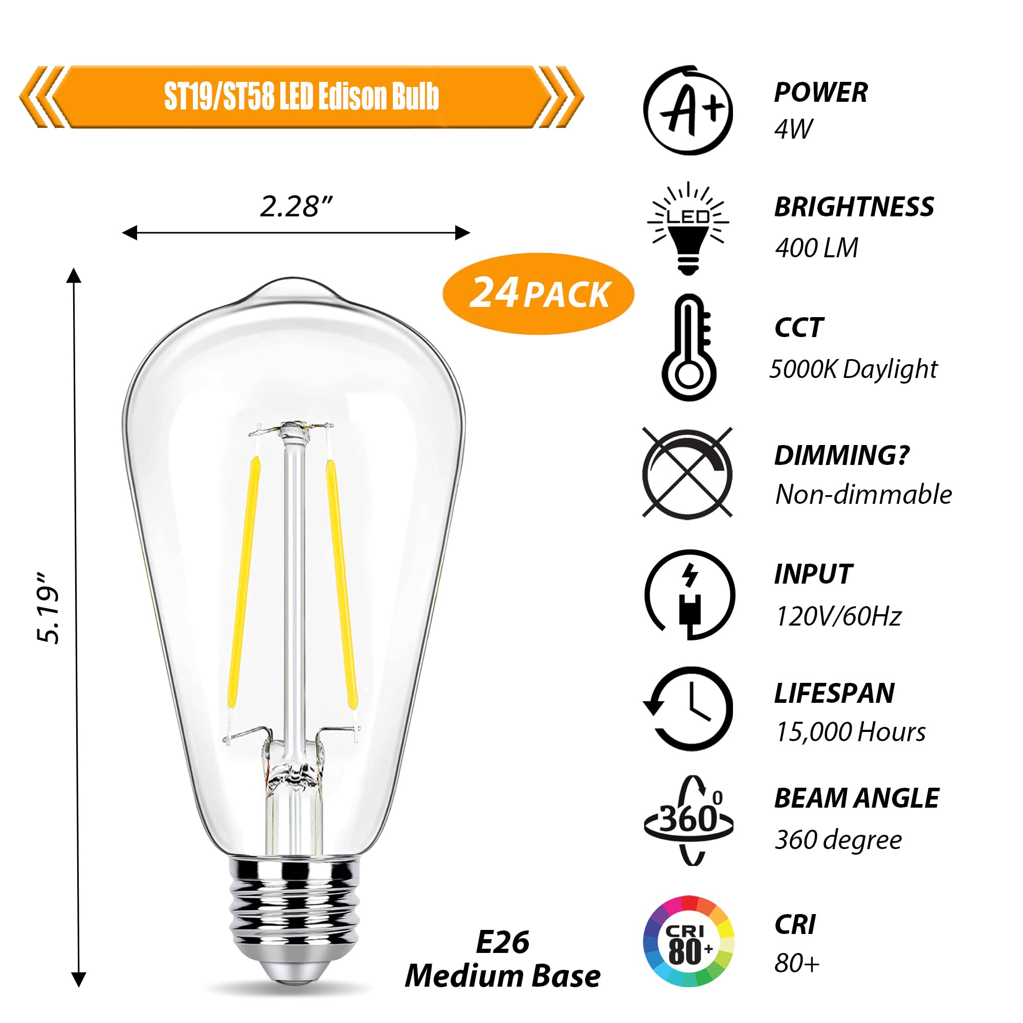 Winsaled 24 Pack Led Edison Bulbs 40 Watts Equivalent, 4 Watt Led Vintage Light Bulb, 5000K Daylight St19 Light Bulb, 400Lm E26