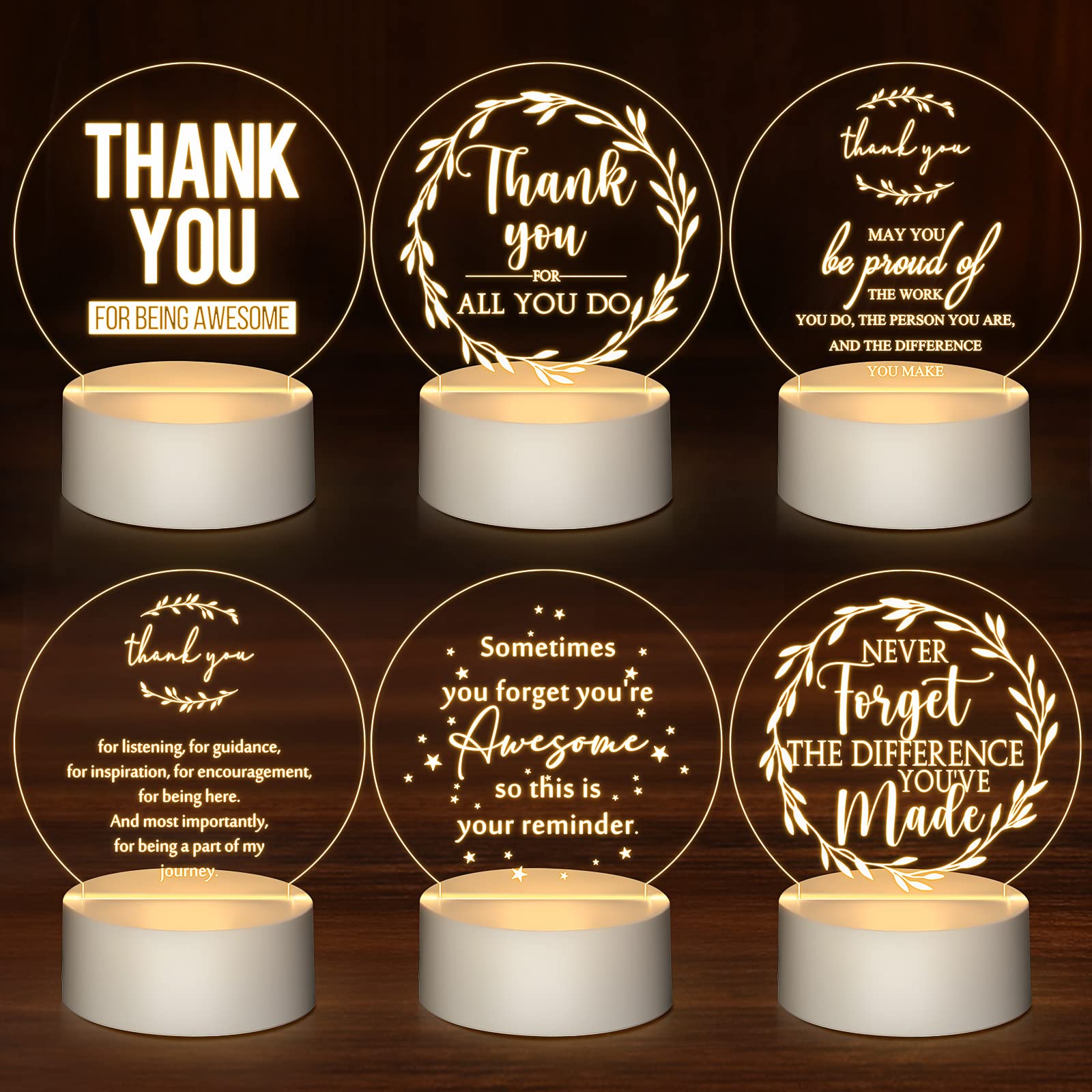 Kigley 6 Pcs Teacher Appreciation Gifts Thank You Gifts for Coworkers Acrylic Inspirational Night Light LED Engraved Lamp Valentine's Day Gifts for Employee Teachers Social Worker Volunteer(Round)