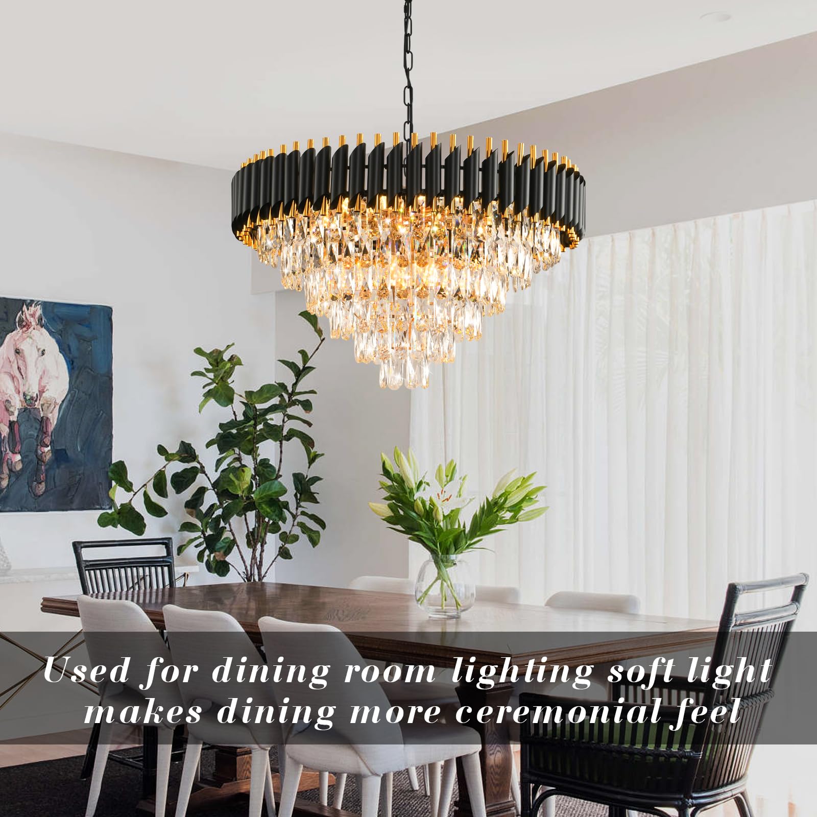 AKDXIRUN Modern Crystal Chandelier 15-Light Round Pendant Light W29” Black and Gold for Dining Room, Foyer, Staircase - Model XR00165
