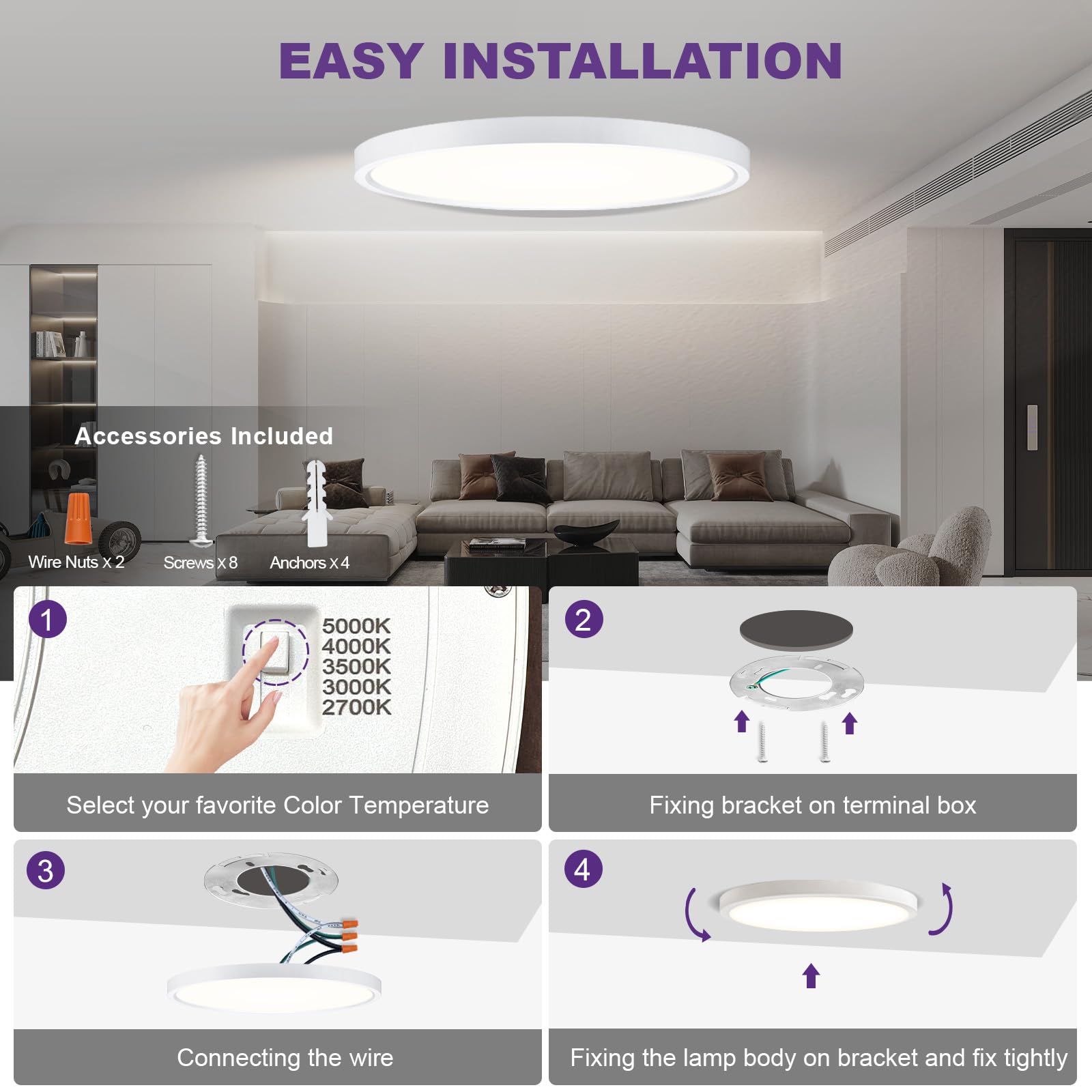 Sofiton 16 Inch LED Ceiling Light, 1950LM, 30W, Dimmable, 5 CCT, Plastic, ETL Certified, 4 Pack