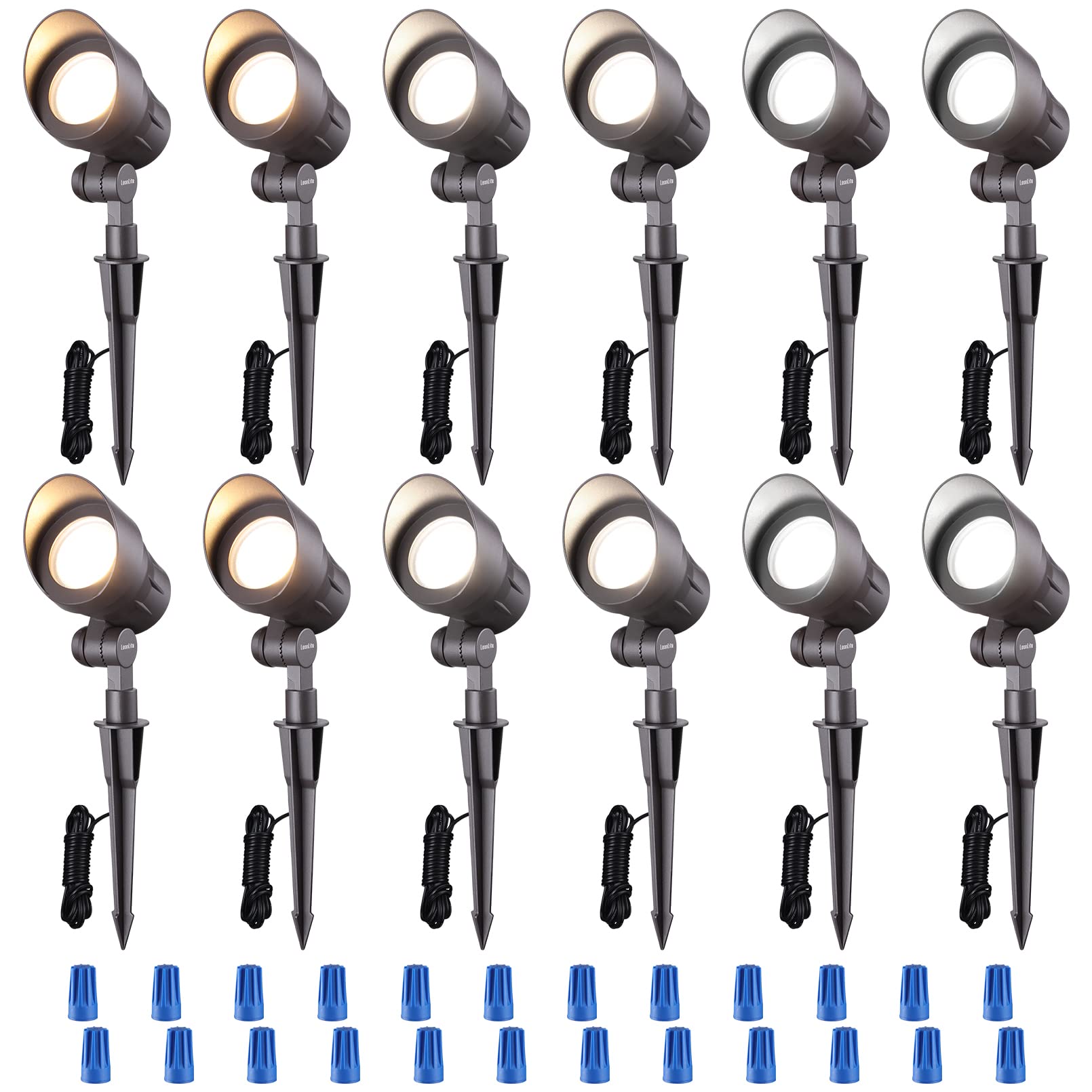 LEONLITE 12-Pack Low Voltage LED Landscape Spotlight, 4W 12V, Selectable 3000K/4000K/5000K, Die-cast Aluminum, Bronze