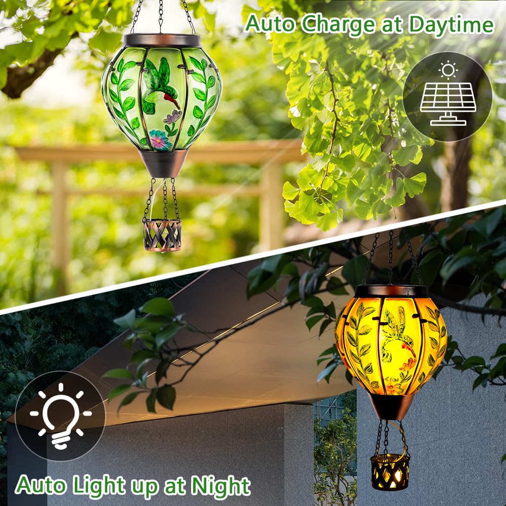 Giole Hummingbird Hot Air Balloon Solar Lantern With Flame , Waterproof Solar Lantern Hanging Glass Outdoor Lantern Decor For Pa