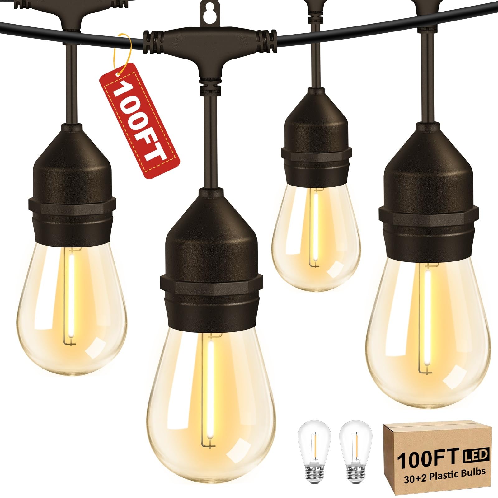 Porbench 100FT LED Outdoor String Lights with 30+2 Shatterproof Bulbs  IP65 Waterproof  Commercial Grade Patio String Lights for Outside Porch Backyard Garden Deck Decor  2700K Dimmable