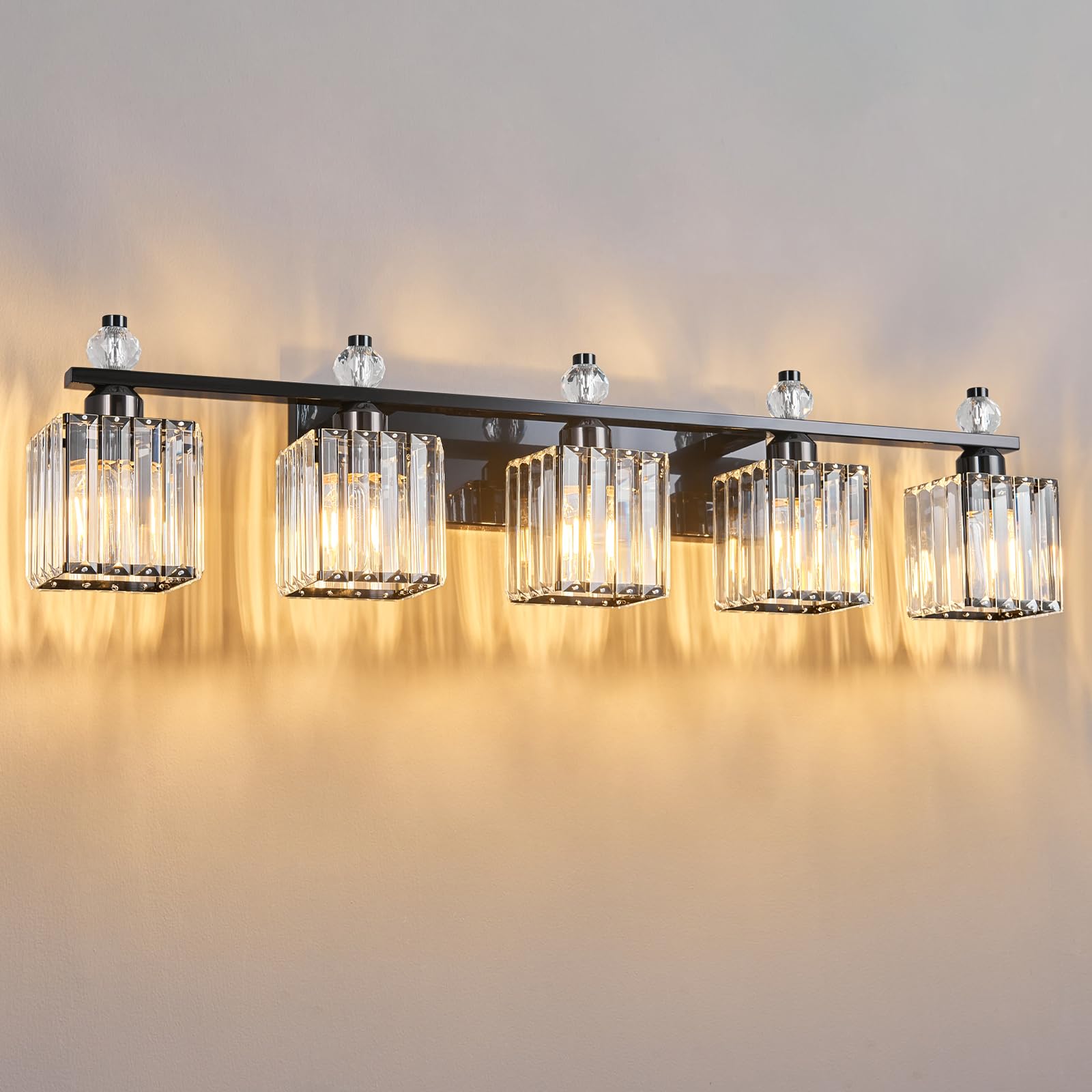 FDPBY 5-Light Crystal Vanity Light Fixtures, Plating Black, Metal, Model 290, Modern Bathroom Lighting Over Mirror