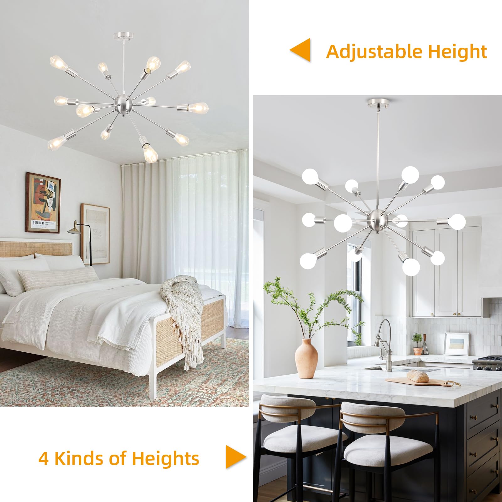 LXWNYY Modern 12-Light Brushed Nickel Sputnik Chandelier, Adjustable Height, Metal Fixture for Dining Room, Living Room, Kitchen, Bedroom